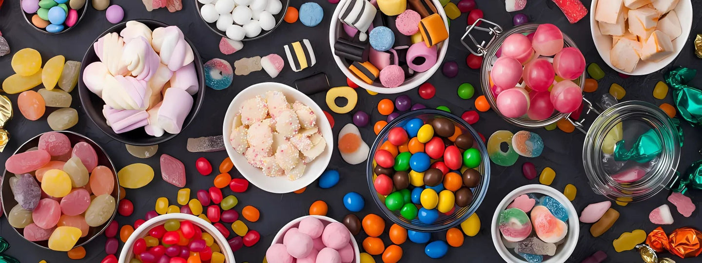 Colourful sweets scattered next to gin bottle
