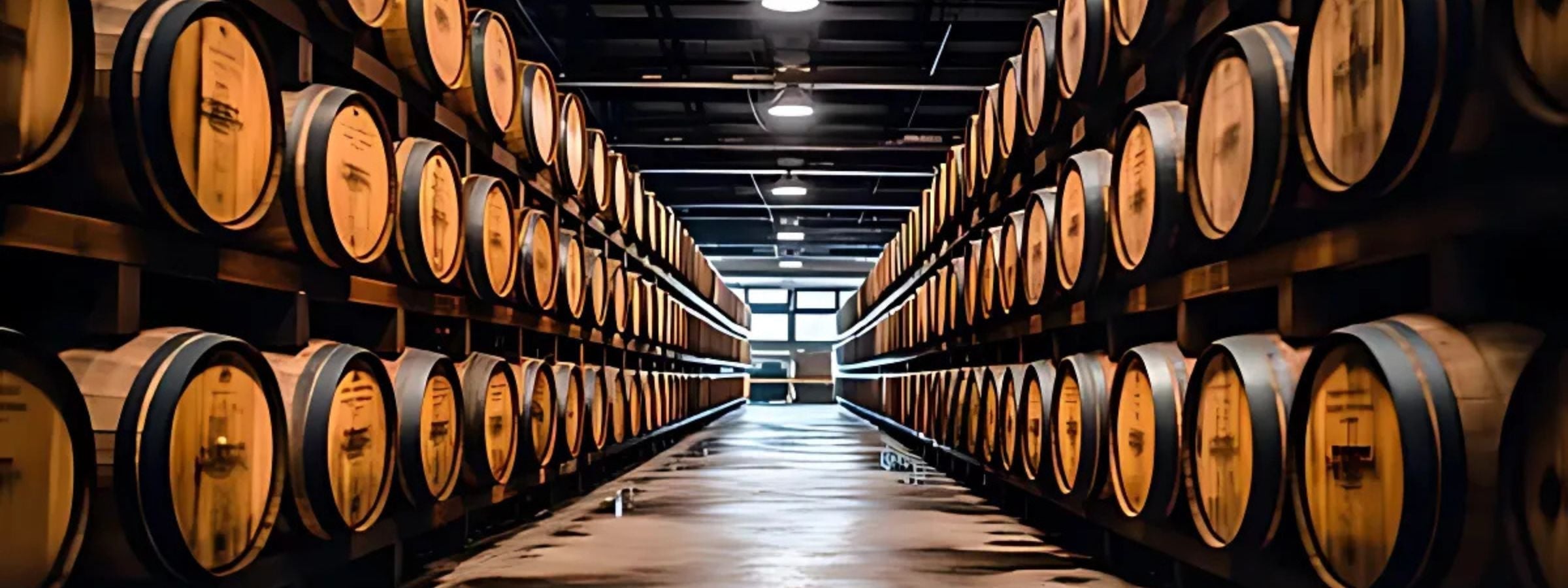 Selection of whisky bottles (Scotch, Bourbon, Japanese) with glassware and rustic barrel-themed background