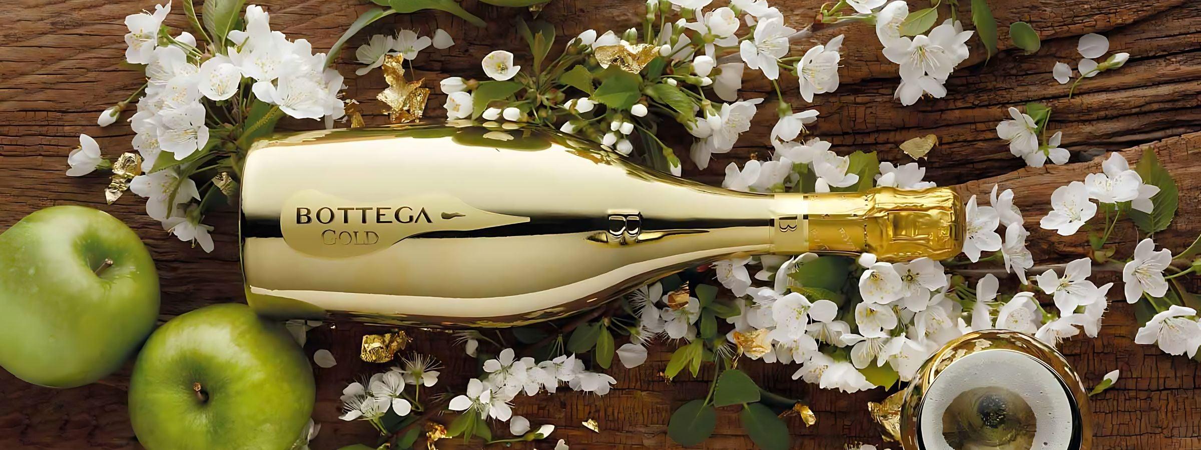 Bottega branded alcohol bottles arranged for display