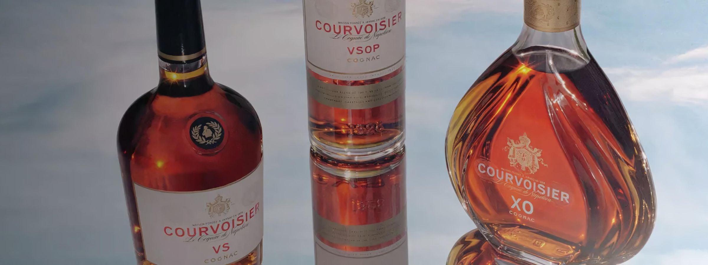 Courvoisier branded alcohol bottles arranged for display