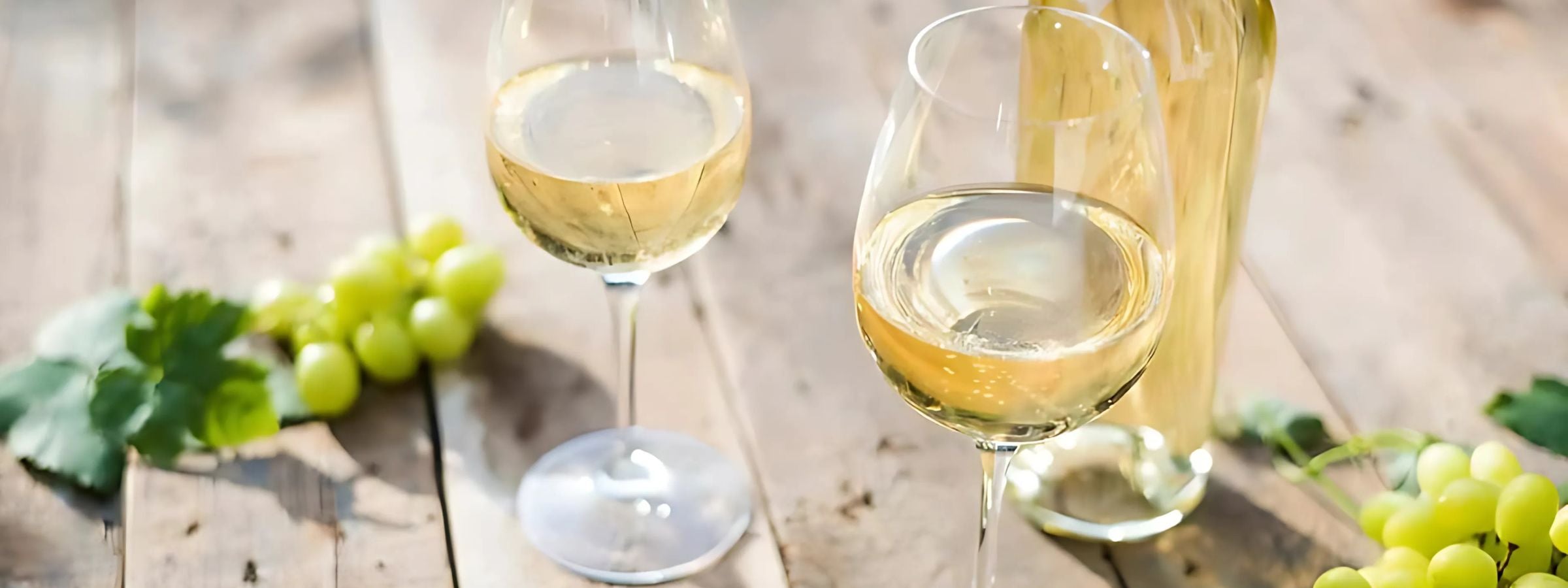 Bottles and glasses of white wine on a sunlit table with seafood and fresh fruit