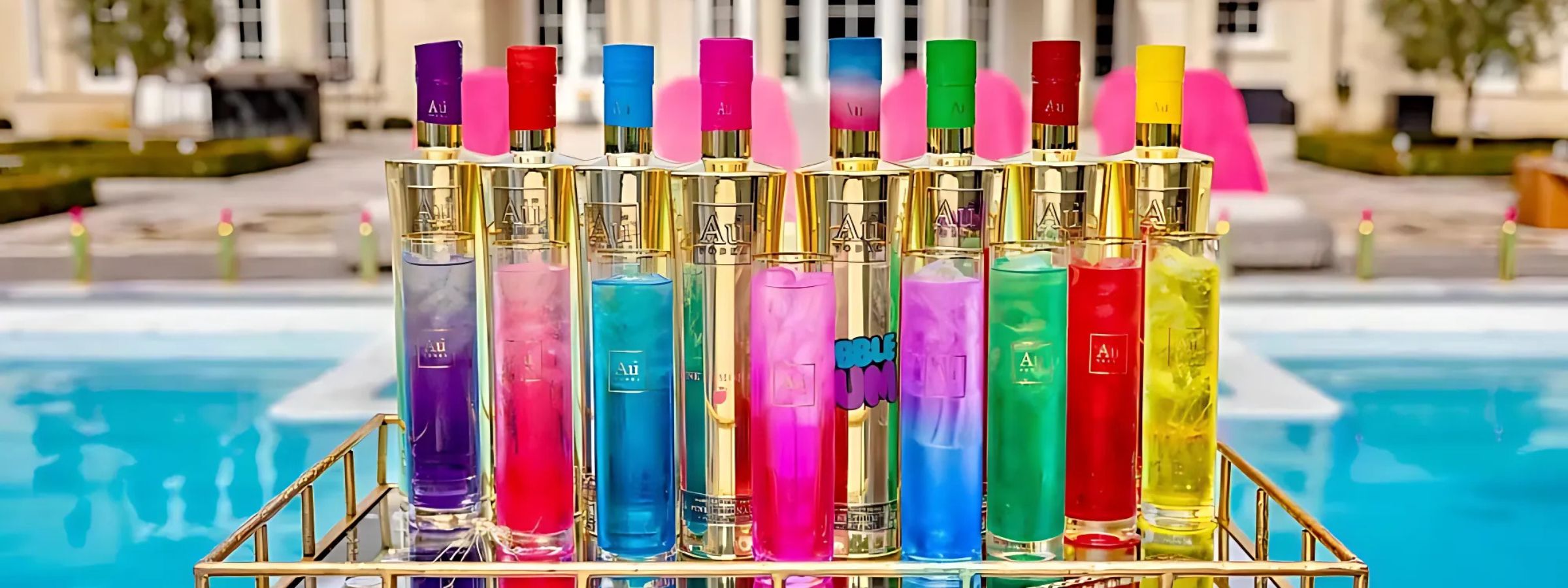 Flavoured and original Au Vodka vodka bottles on display