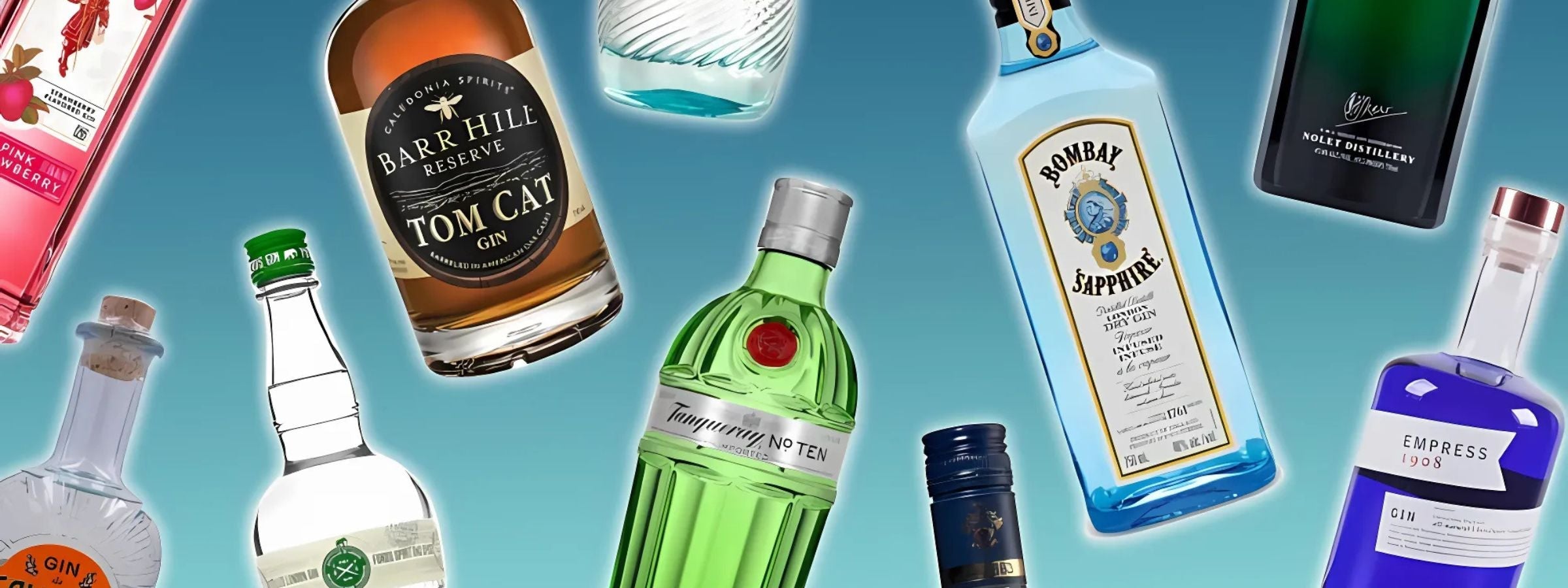 Assorted gin bottles with fruit garnishes, tonic mixers, and cocktail glassware on a rustic bar surface