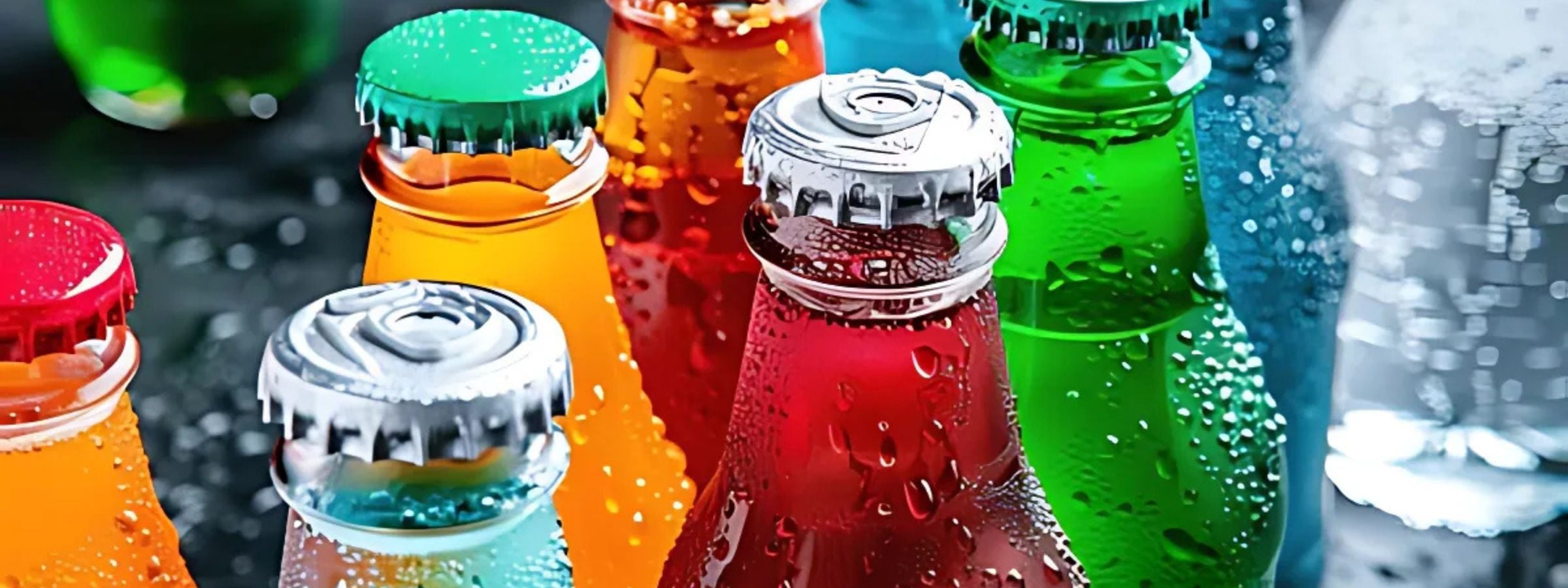 Assorted soft drinks, tonic waters, and mixers arranged with ice and garnishes beside spirits