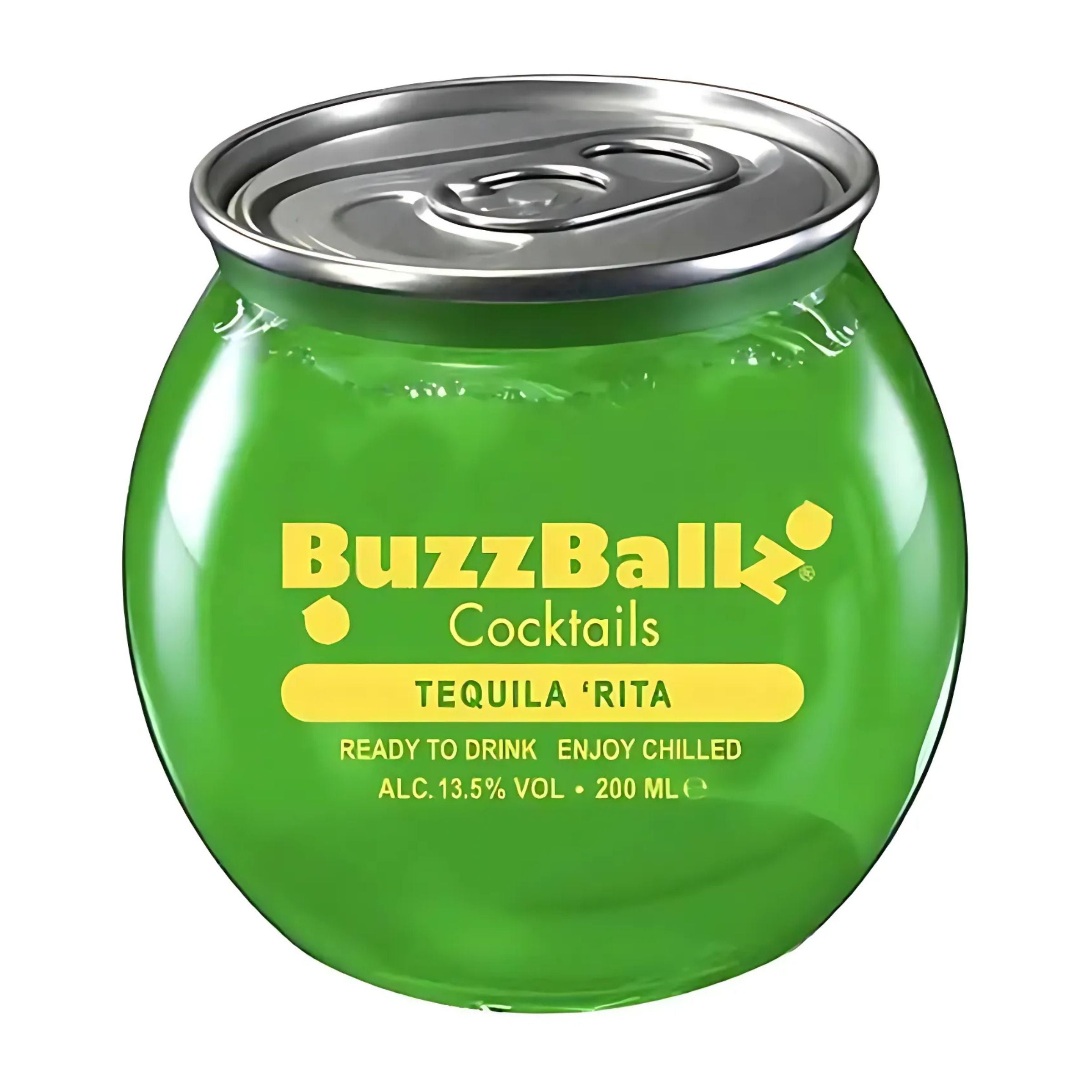 Green can-shaped container with 'BuzzBallz Cocktails' branding on a white background