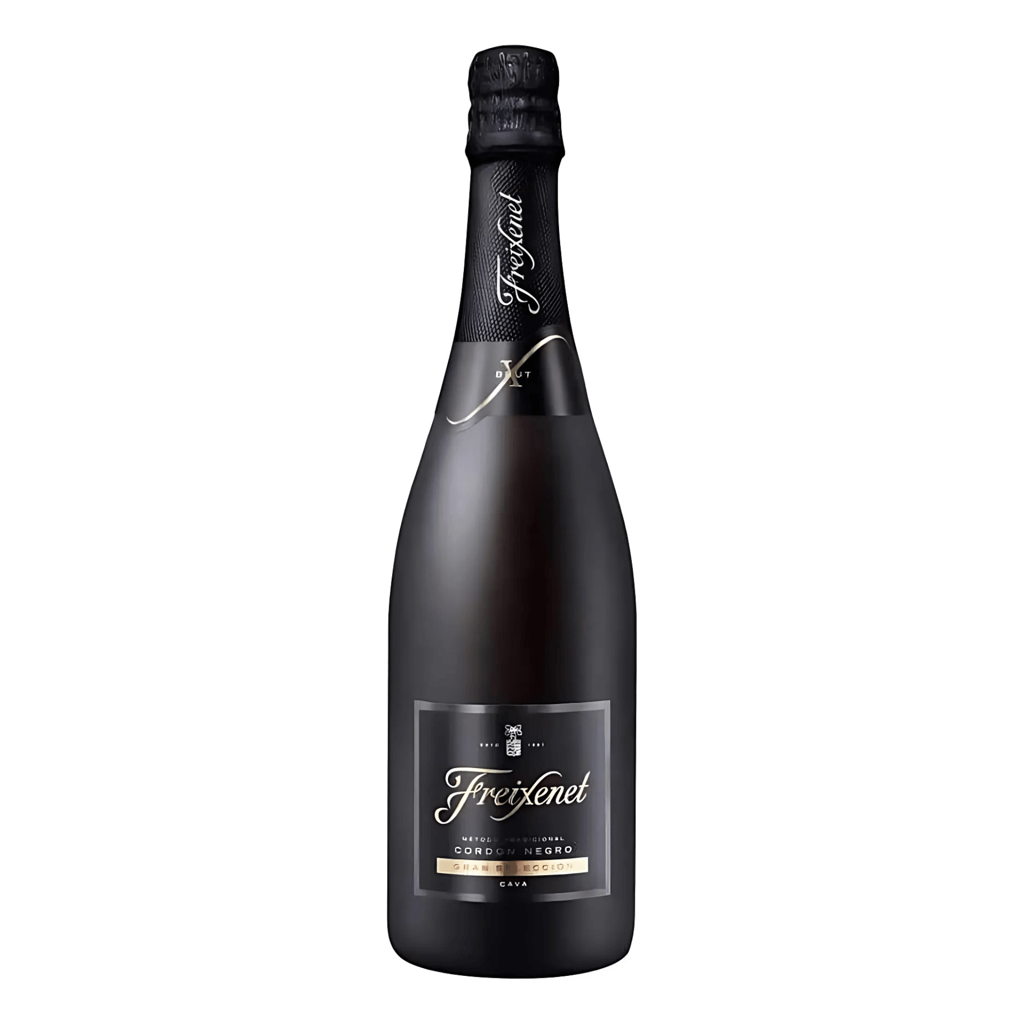 A bottle of Freixenet Cordon Negro Brut Cava sparkling wine with a black label and white text.