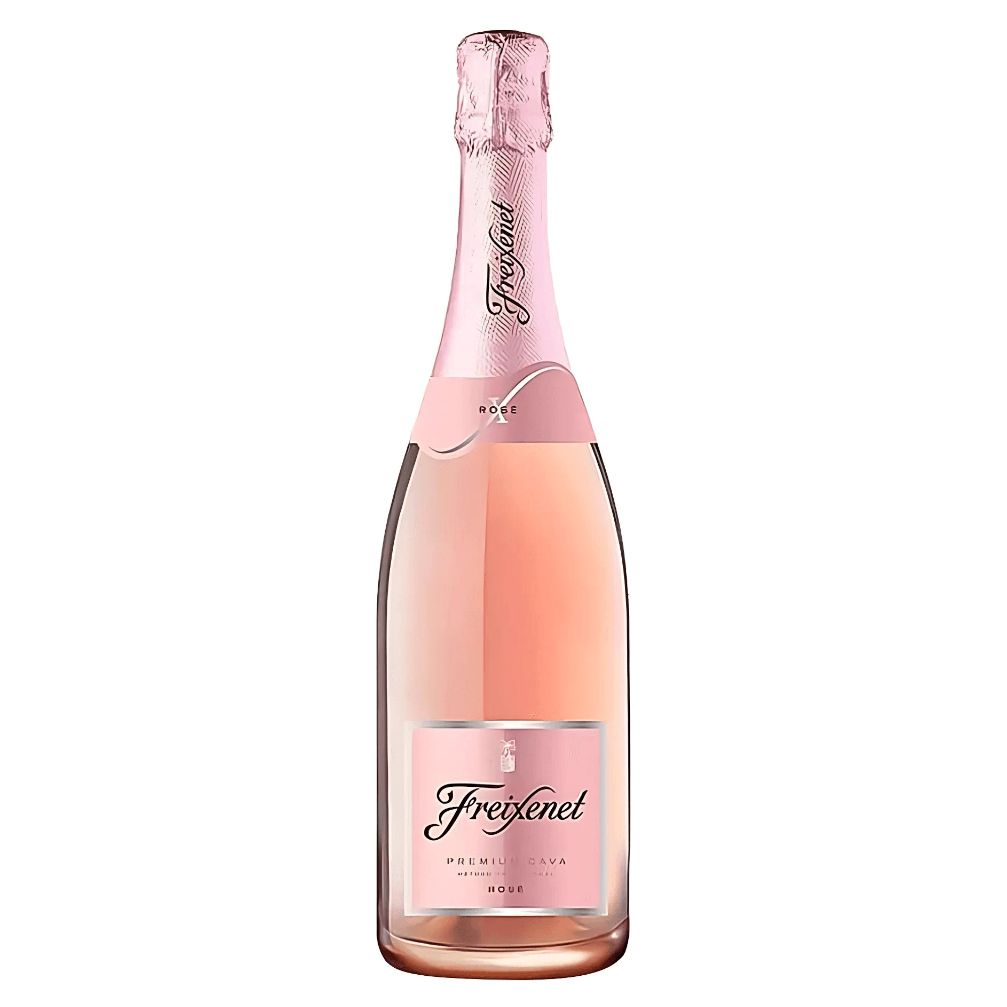 A bottle of Freixenet Cordon Rosado Cava, a Spanish sparkling wine with a pink hue and label, on a white background.