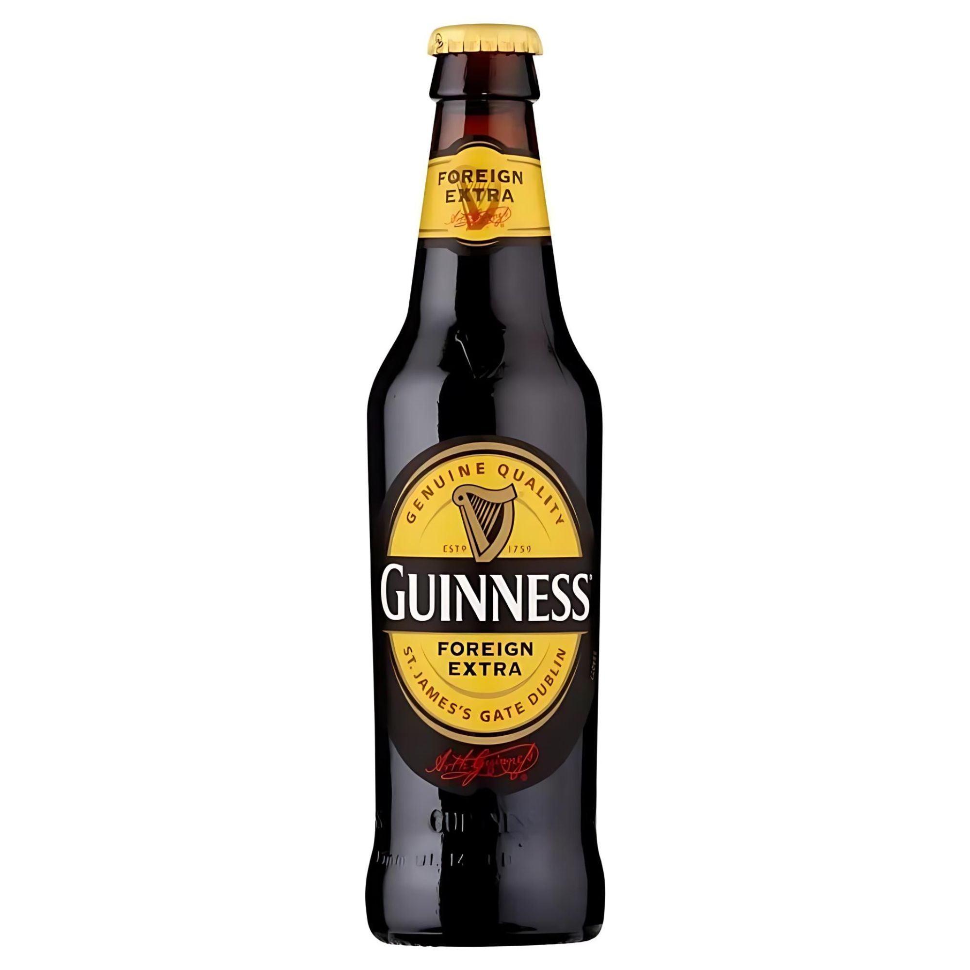 A bottle of Guinness Foreign Extra Stout with a yellow label, showcasing the brand and product name.