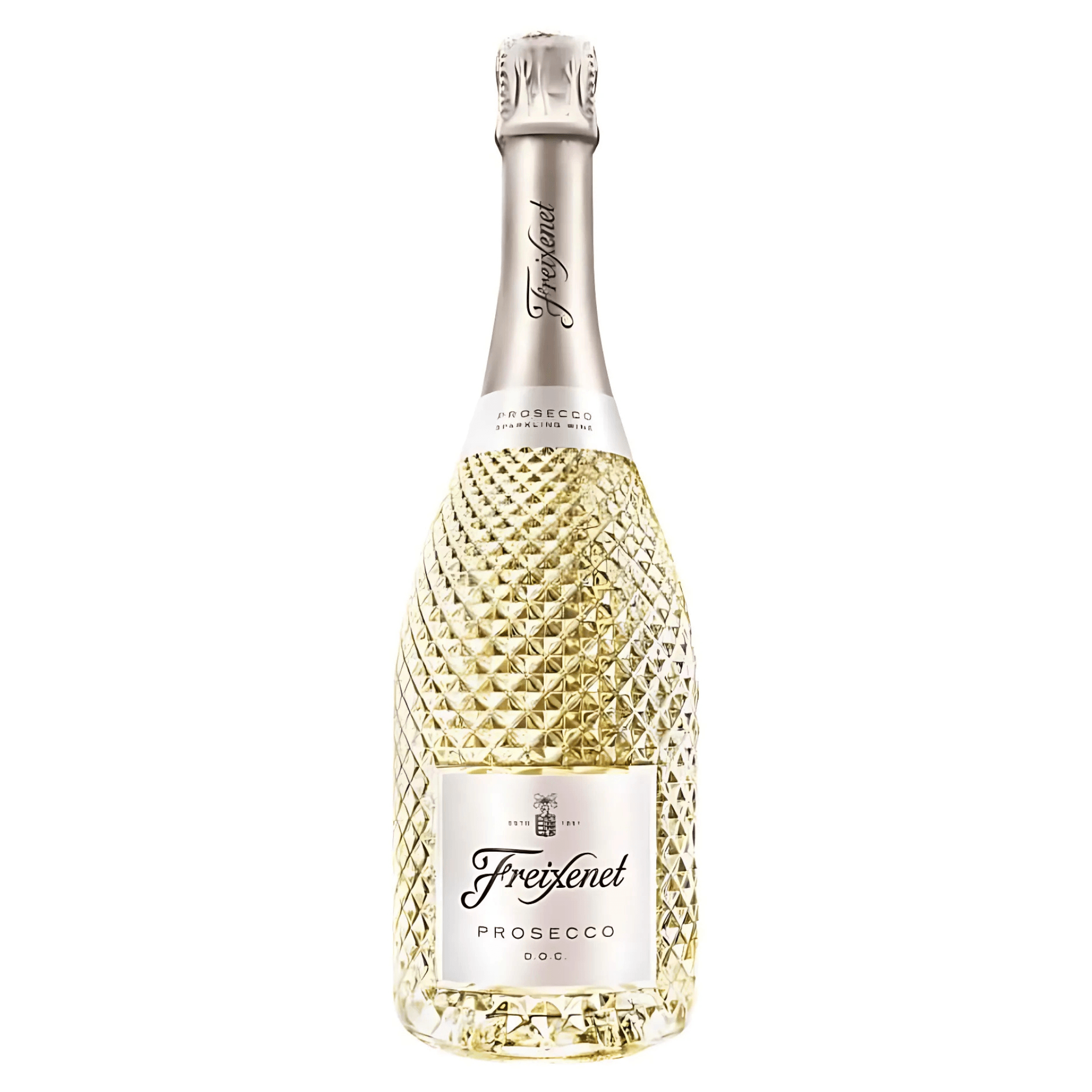 A bottle of Freixenet Prosecco D.O.C., Italian sparkling wine, with a diamond-patterned label.