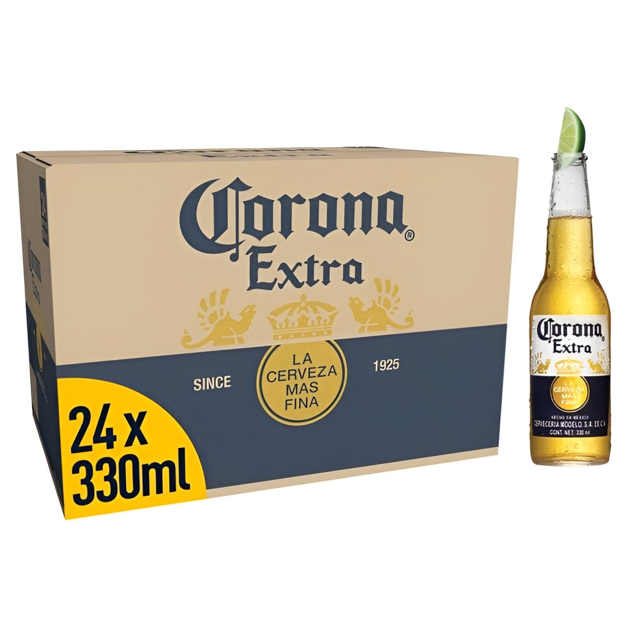 A pack of Corona Extra Premium Lager, showing 24 bottles of 330ml each, with a single bottle visible in front of the packaging. The packaging is brown with the Corona logo and text, indicating its volume and brand.
