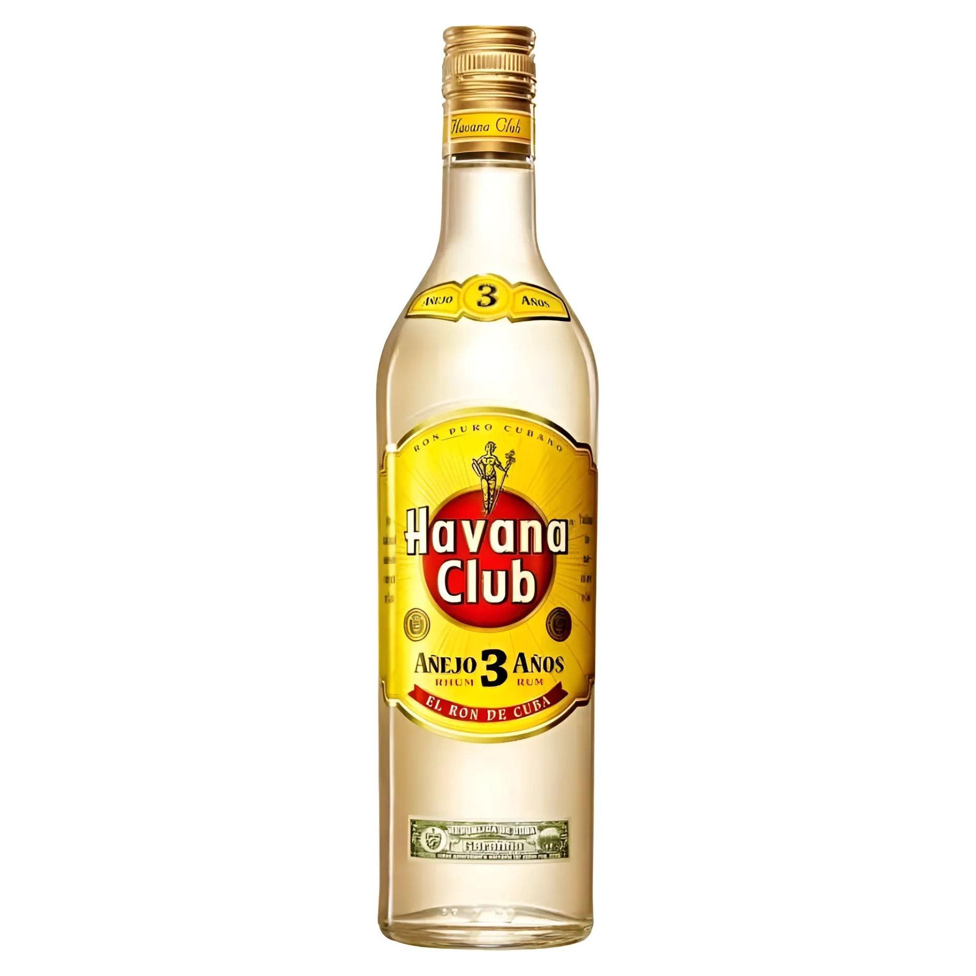 Bottle of Havana Club Anejo 3 Year Rum with a yellow label and red logo, indicating it is a 70cl bottle.