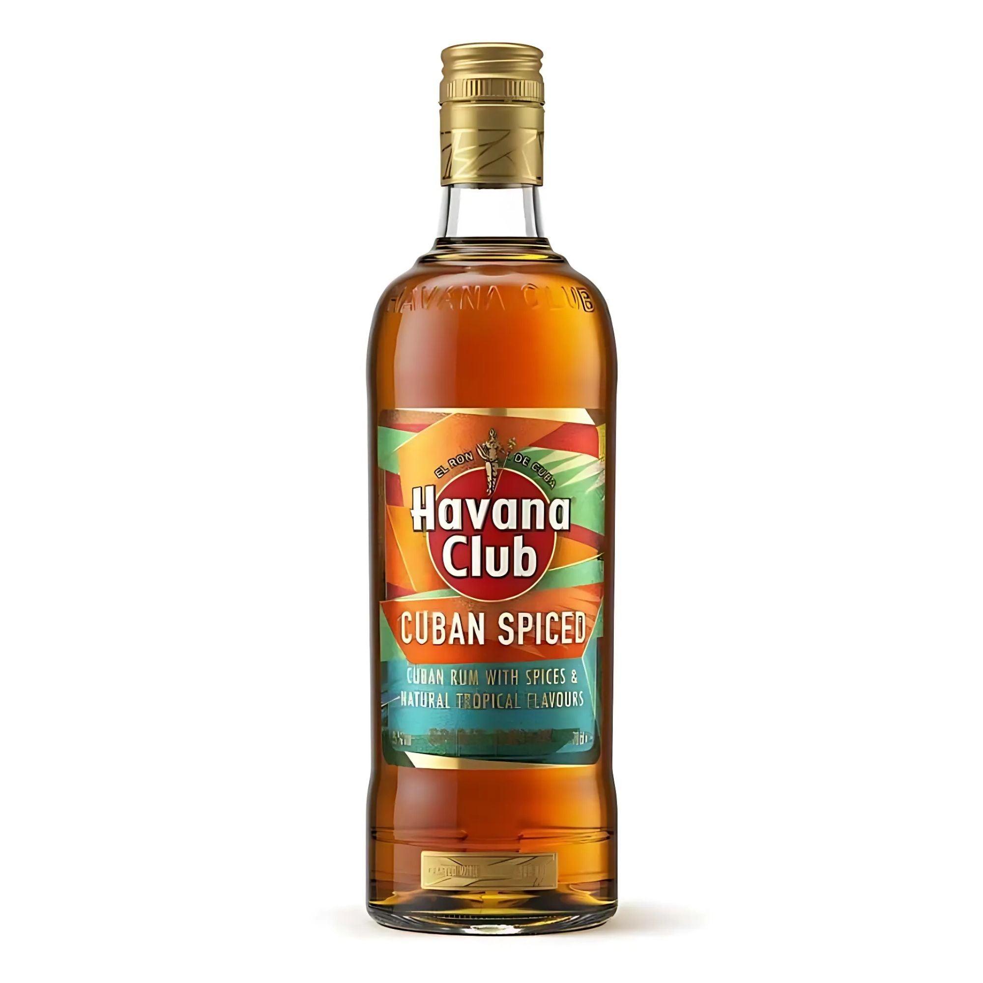 A bottle of Havana Club Spiced Rum with a colorful label.