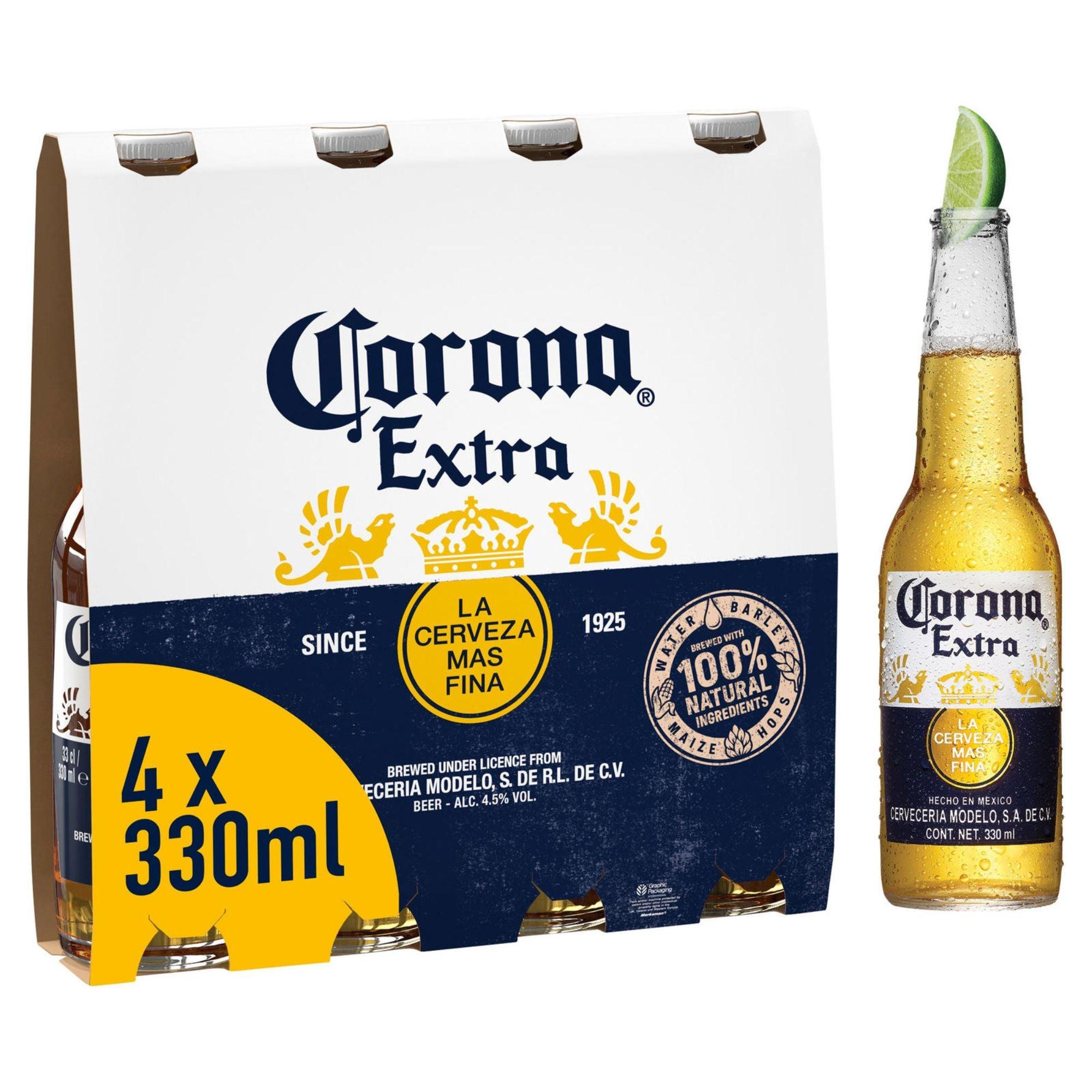 A pack of four 330ml bottles of Corona Extra Premium Lager, displaying the brand logo, product name, and volume information.