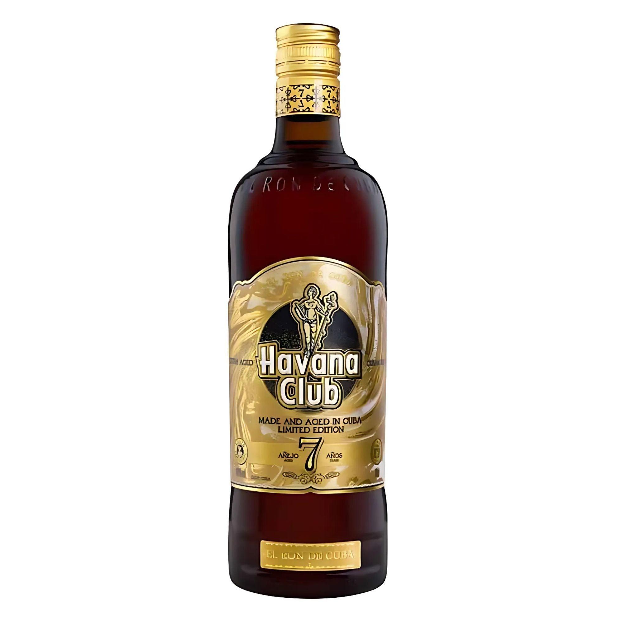A bottle of Havana Club Anejo 7 Year Rum with a unique design, indicating it is a limited edition item.