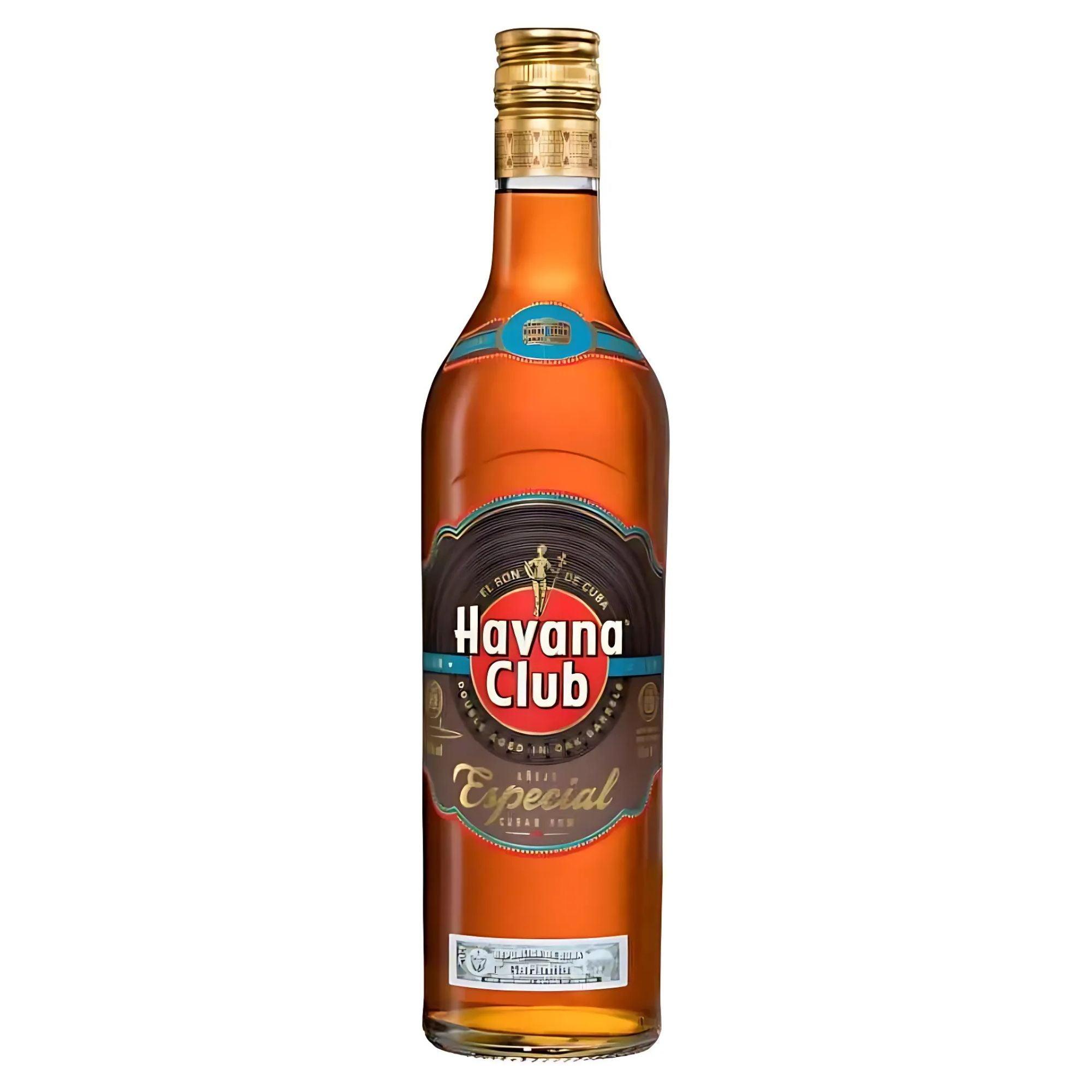 A bottle of Havana Club Anejo Especial Rum with a gold-colored cap and a label indicating it is a premium Cuban rum.
