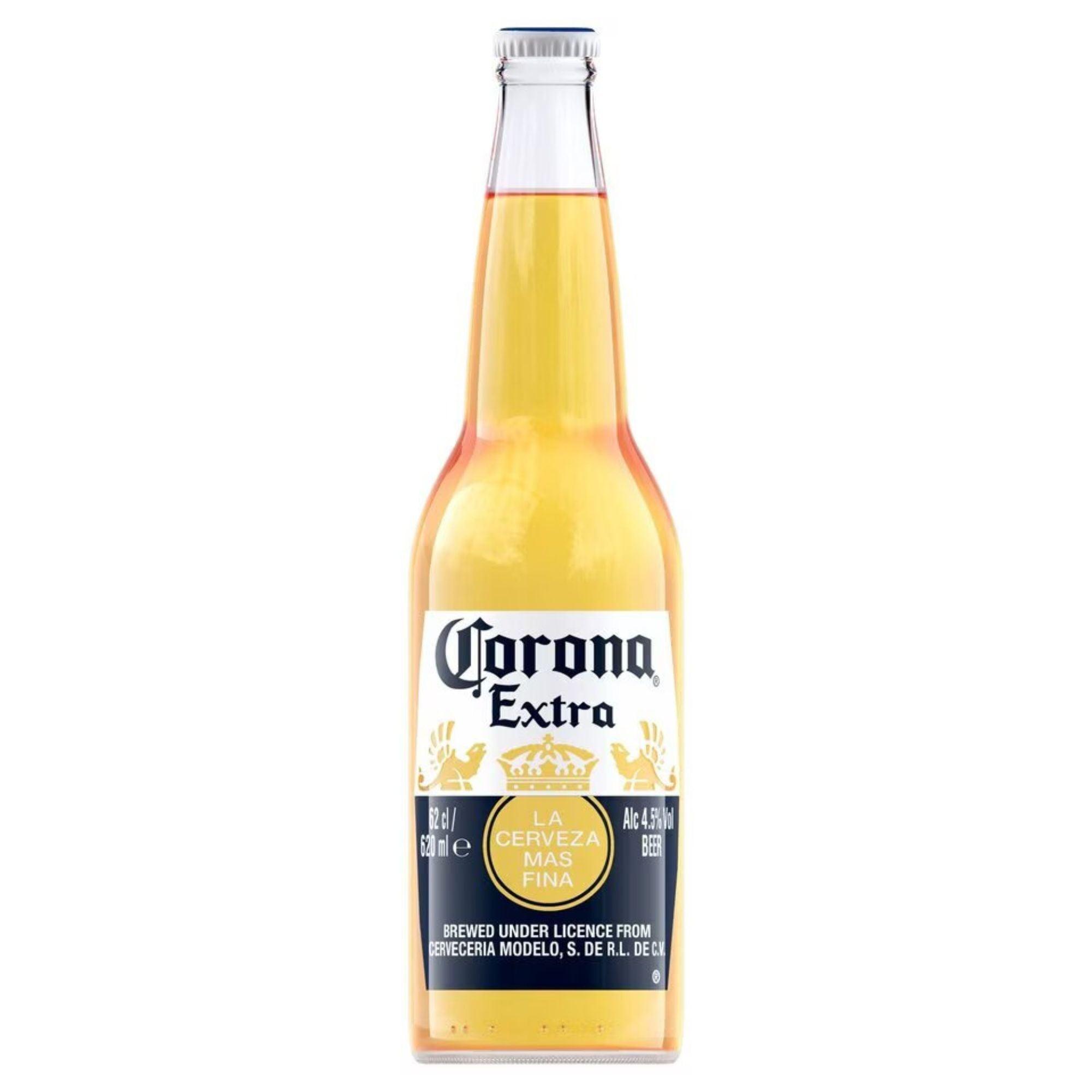 A bottle of Corona Extra Premium Lager with a yellow label and the brand's logo prominently displayed.