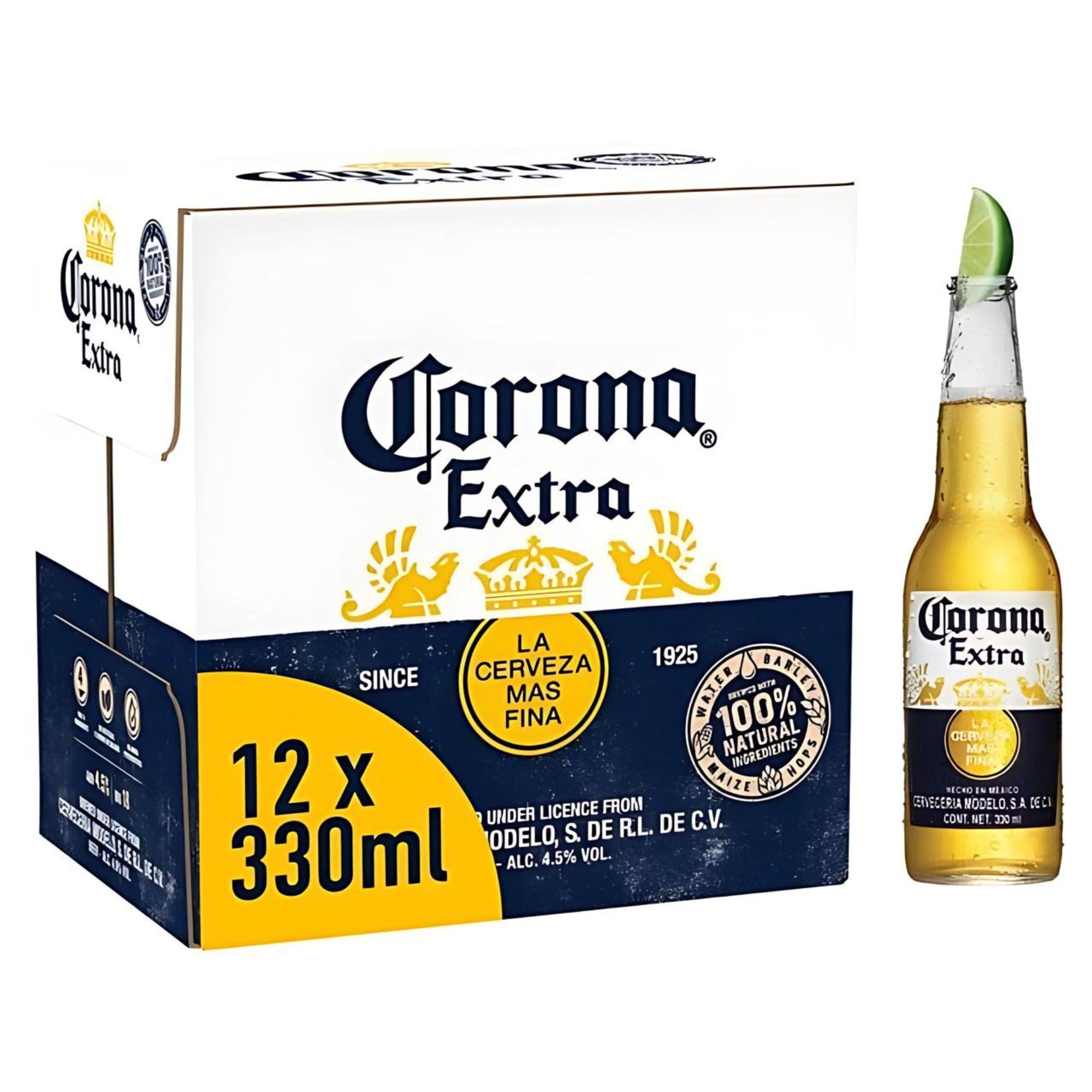 A pack of Corona Extra Premium Lager beer containing 12 bottles, each with a volume of 330ml. The packaging is predominantly white and yellow with the Corona Extra logo prominently displayed.