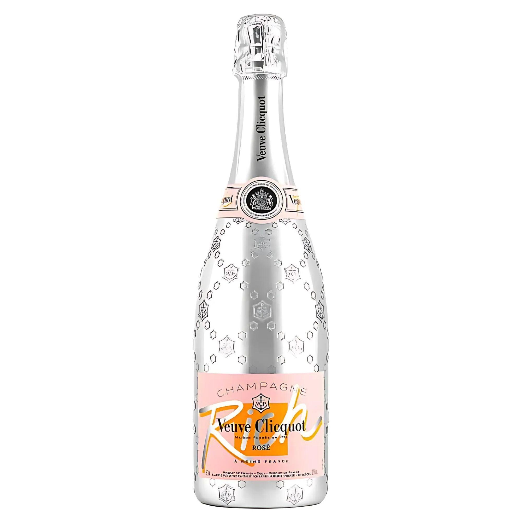 A bottle of Veuve Clicquot Rich Rosé Champagne with a pink label and branding, 75cl size.
