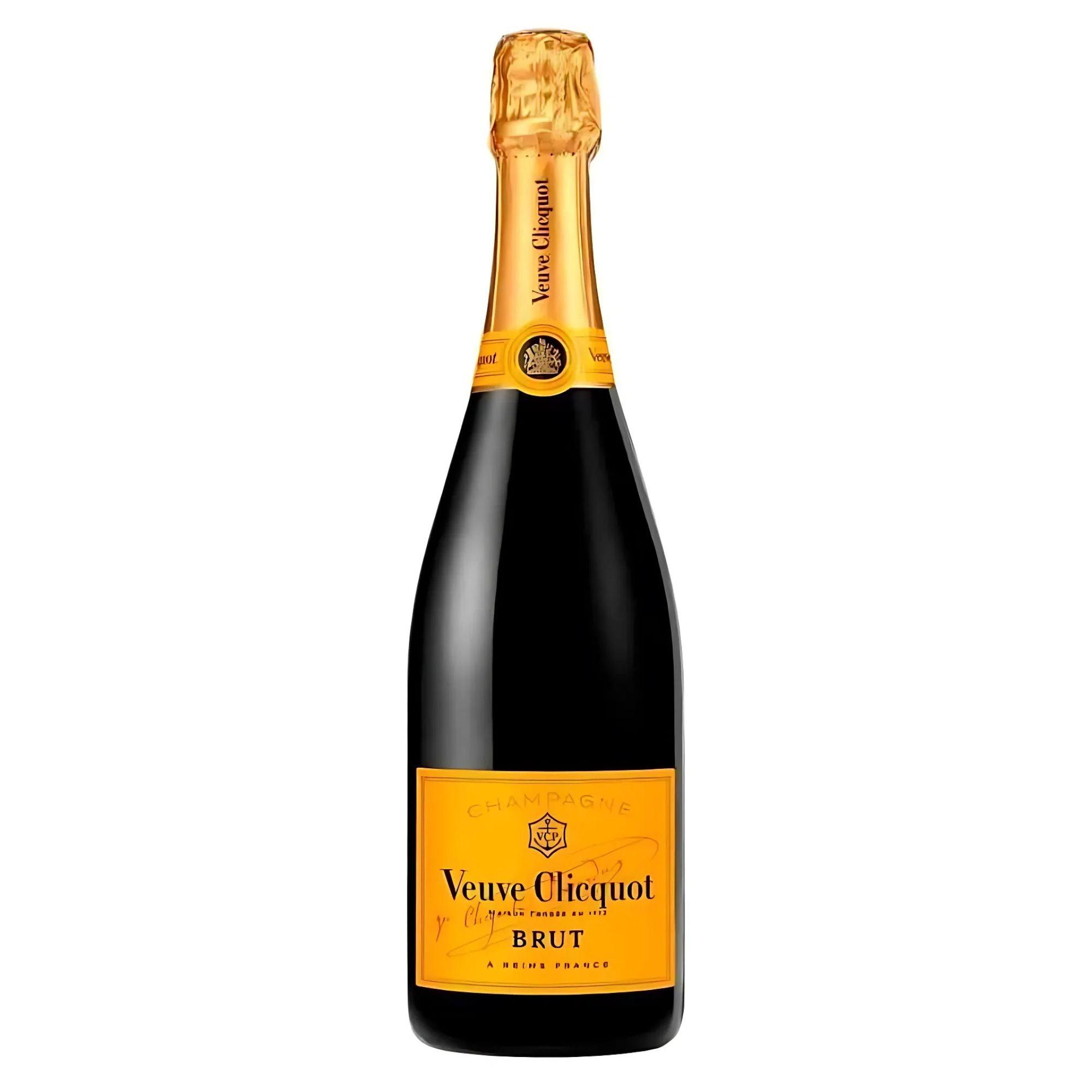 A bottle of Veuve Clicquot Yellow Label Brut Champagne with a golden label and cap against a plain background.