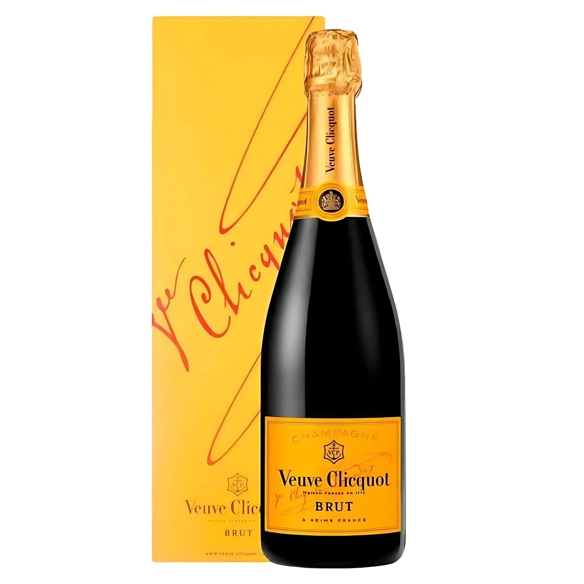 A bottle of Veuve Clicquot Yellow Label Brut Champagne with its iconic yellow gift box.