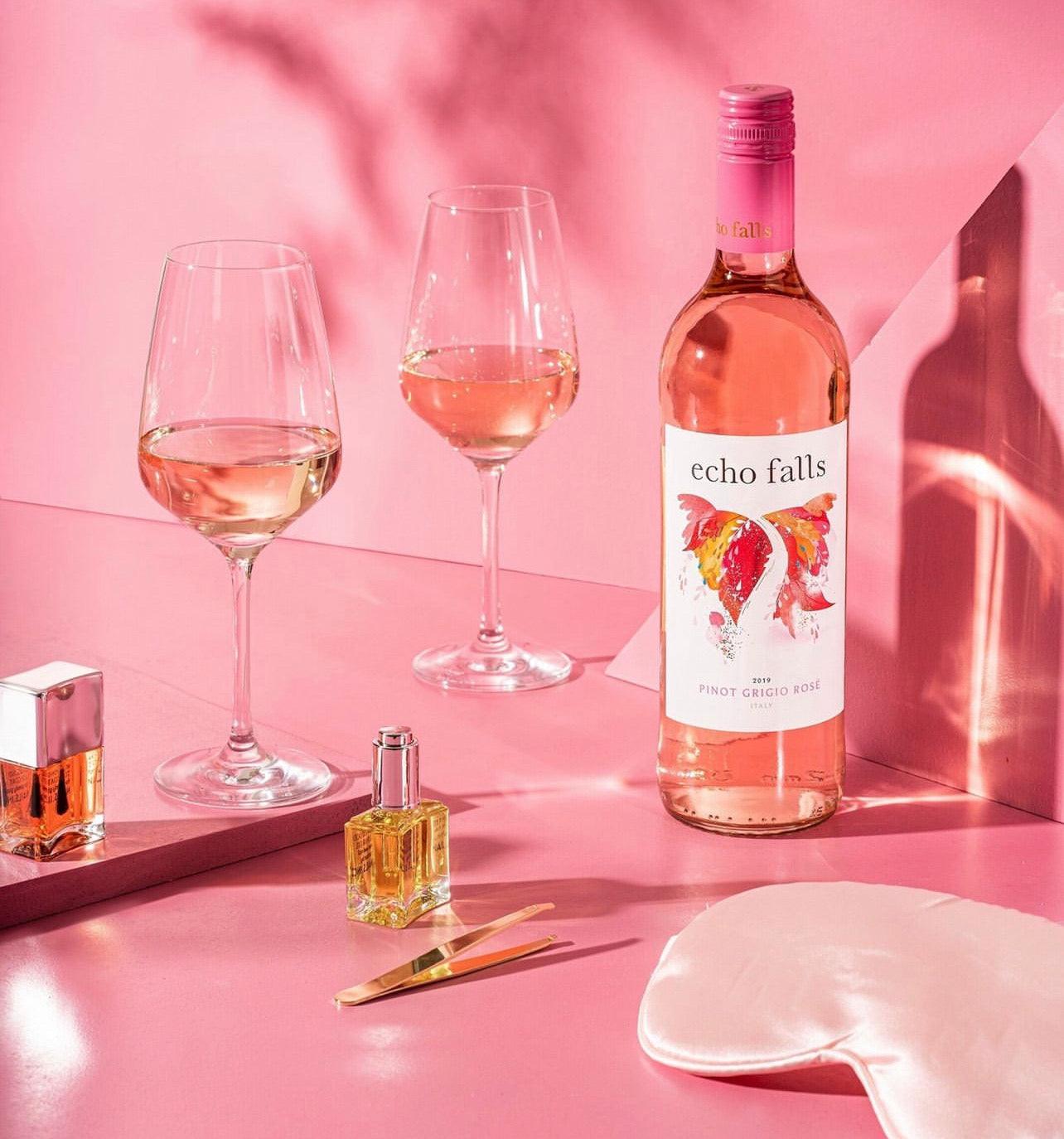 Echo Falls Pinot Grigio Rosé Wine 75cl bottle with fruit and wine glass on summer table