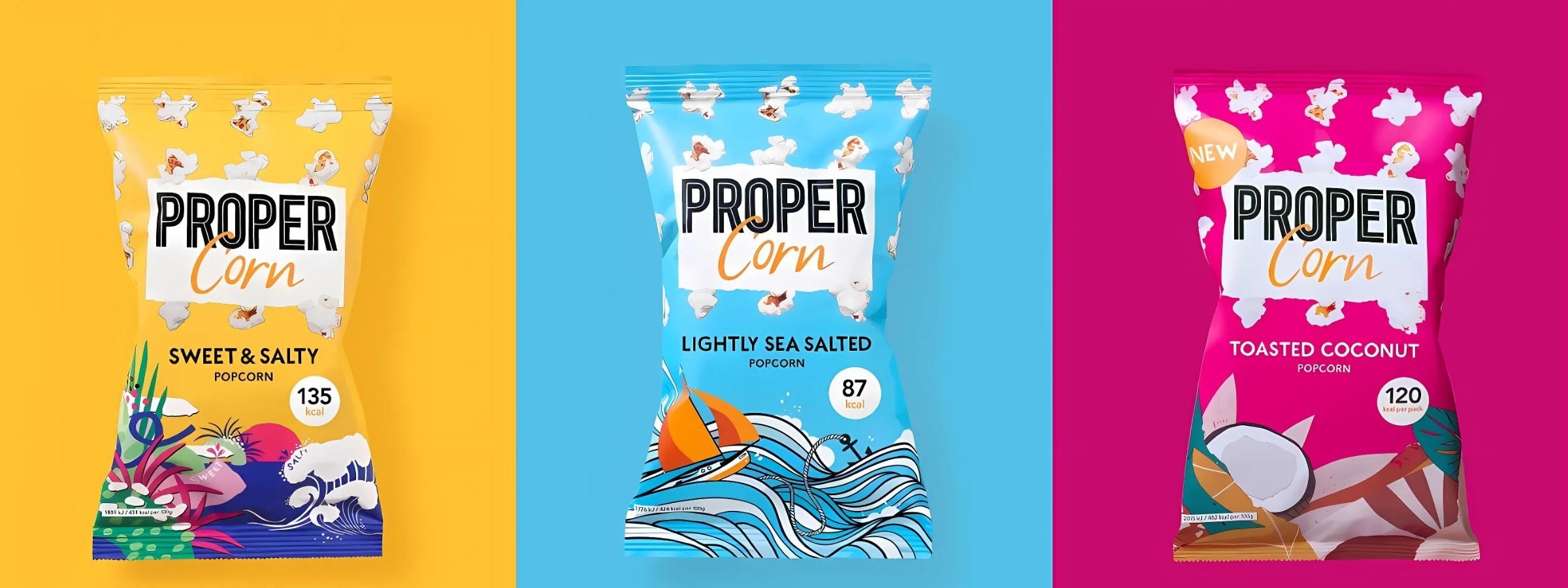 Assorted PROPER Snacks – colourful packs of popcorn and lentil chips in bold flavours, perfect for healthy snacking.