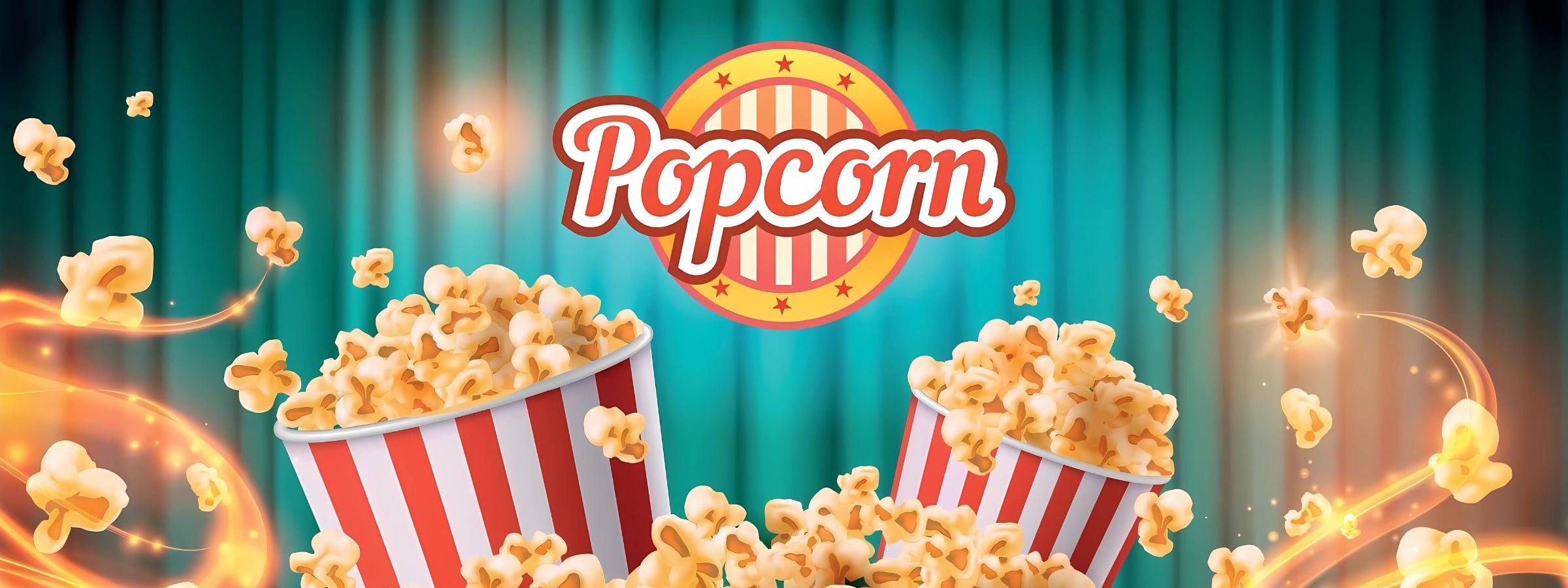 Assorted popcorn bags with sweet and savoury flavours displayed beside drinks and movie-night snacks