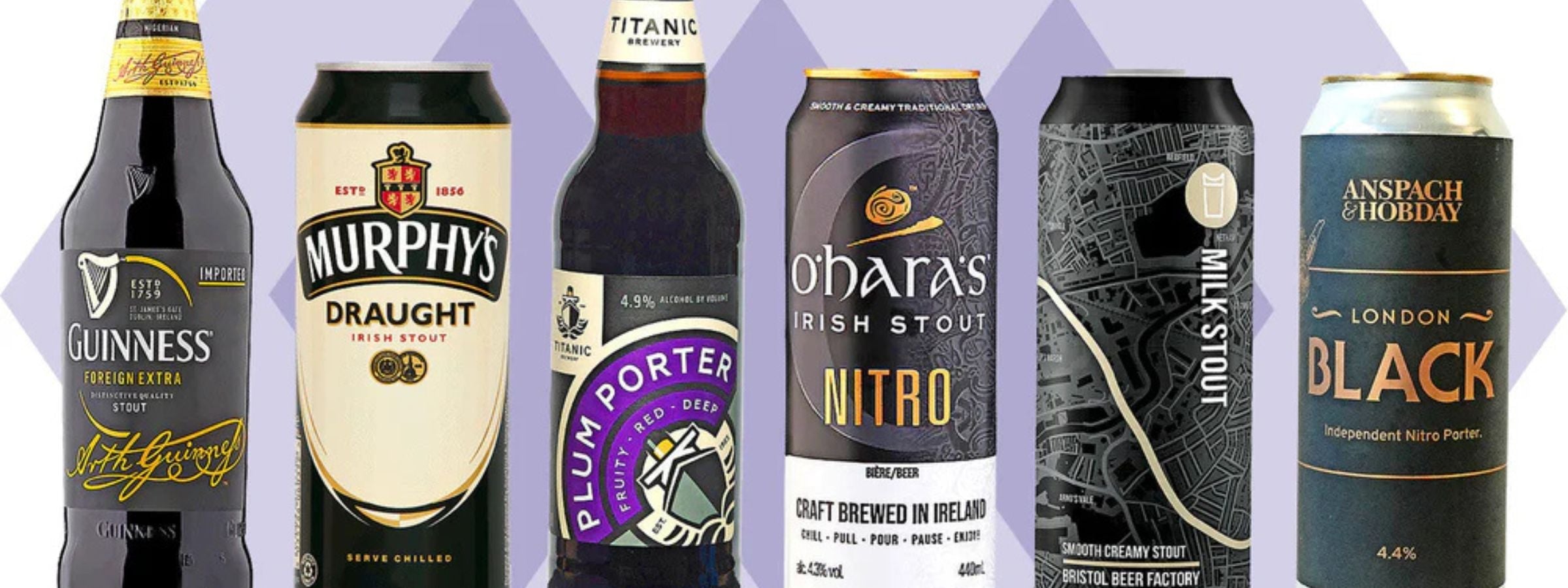 Selection of stout and porter bottles and cans with dark beer poured into a glass beside chocolate and roasted coffee beans