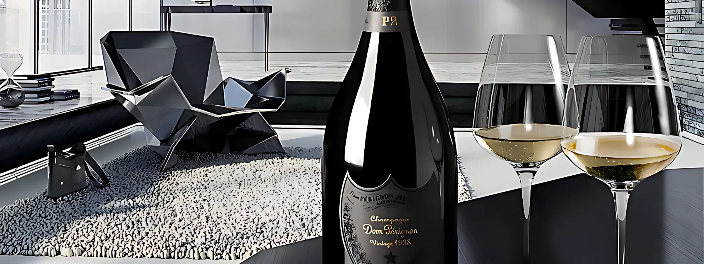 Dom Pérignon Champagne bottle with iconic shield label, symbolising luxury and vintage excellence.