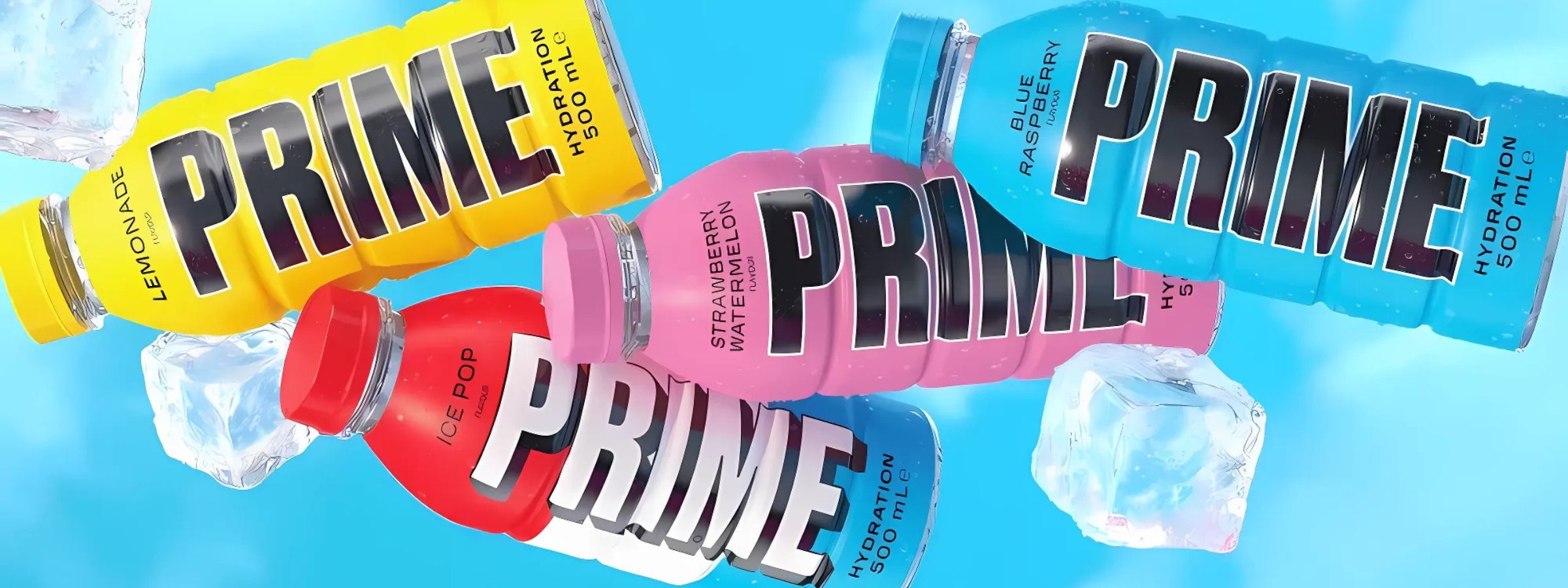 Assorted Prime Hydration bottles and Prime Energy cans in bright colours on a sporty backdrop