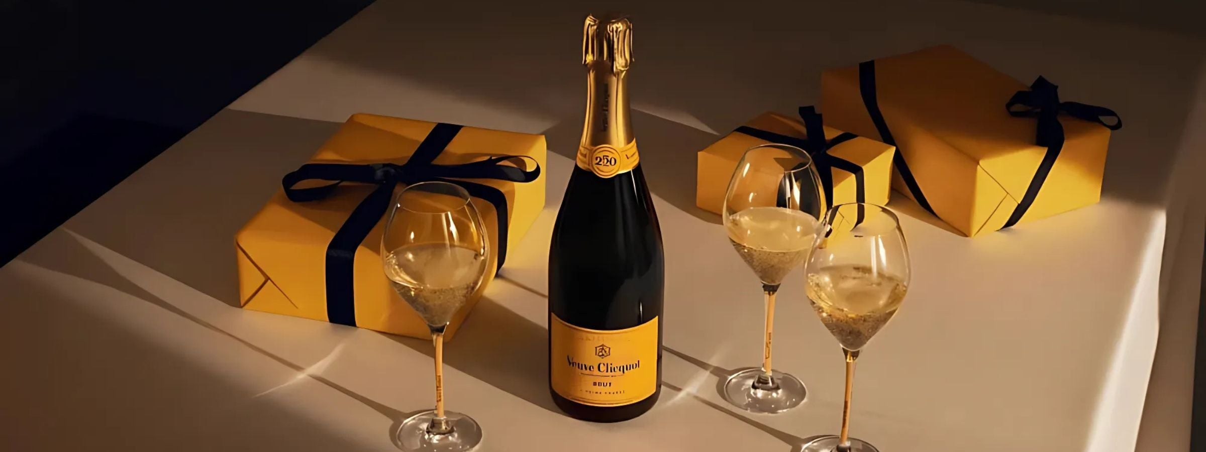 Veuve Clicquot champagne bottles with gold foil and elegant packaging