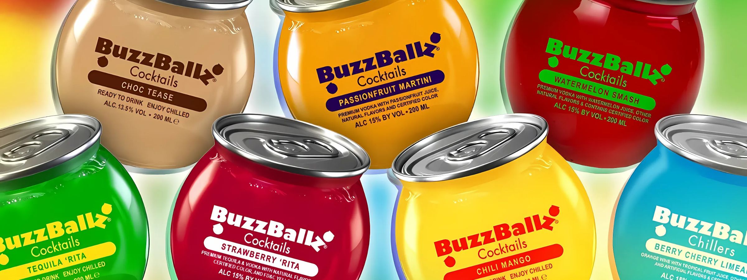 BuzzBallz colourful cocktail cans arranged on ice with fruit garnishes and party lights in the background