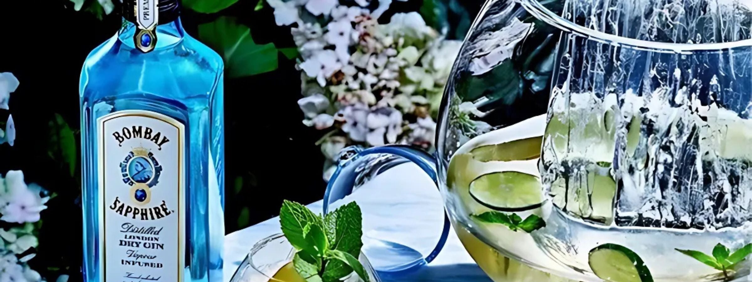 Bombay Sapphire gin bottle with garnishes and glassware