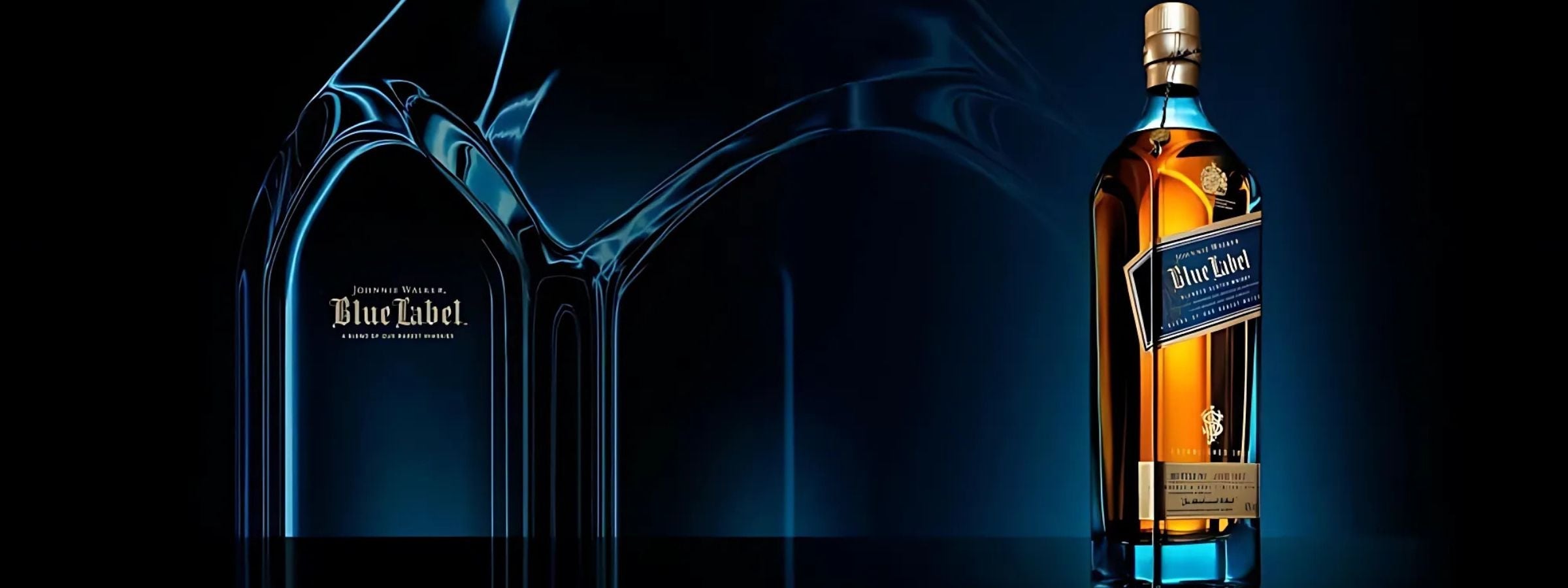 Johnnie Walker whisky bottle lineup (Red to Blue Label) with whisky glasses and elegant gift packaging