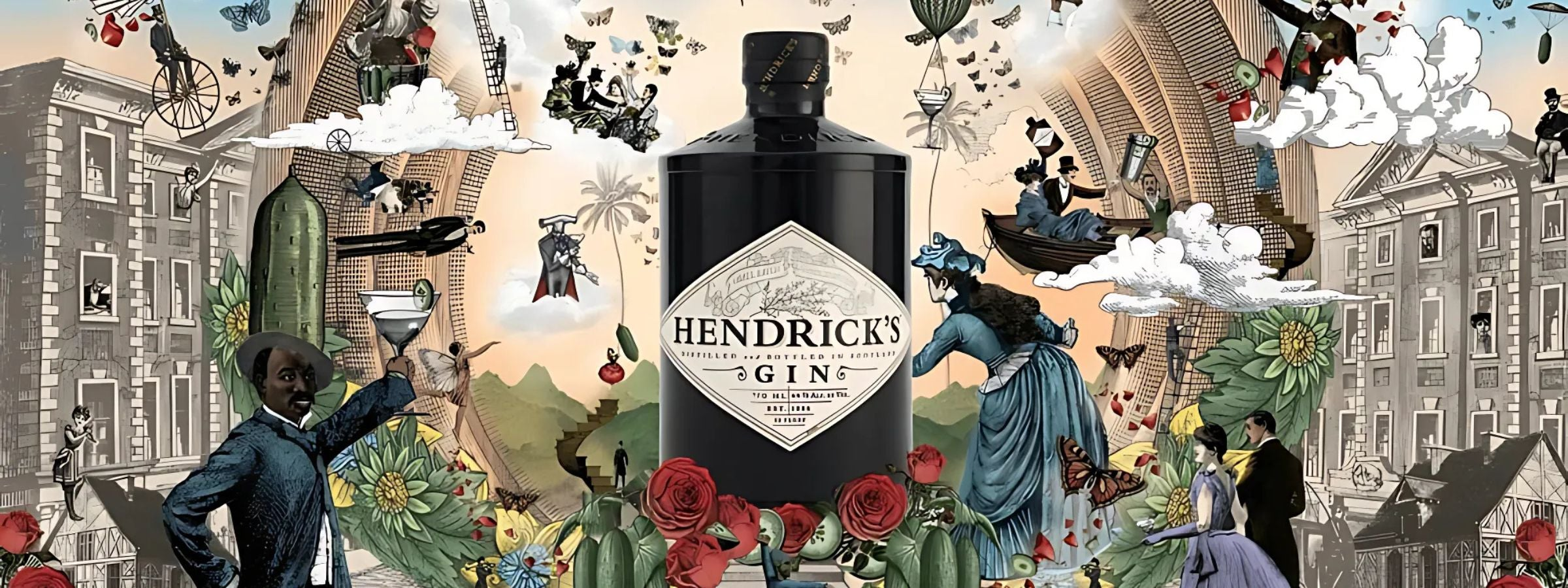 Hendrick'S gin with garnishes and a cocktail glass