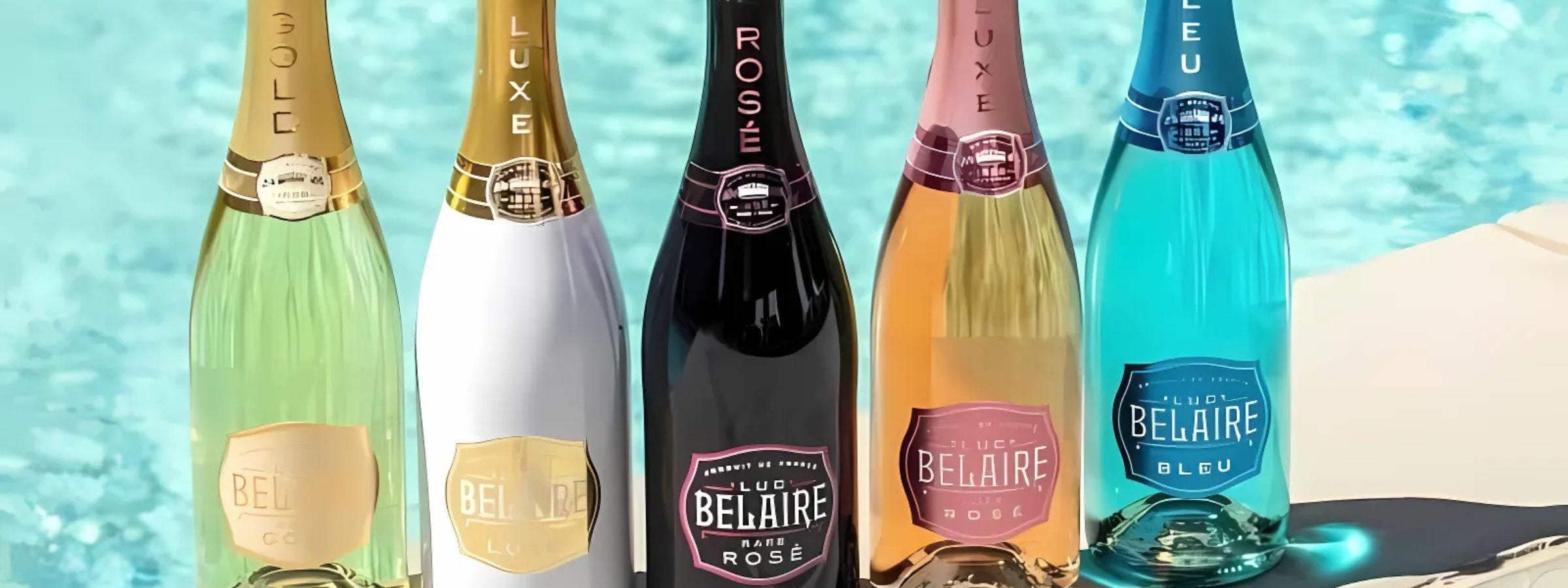 Luc Belaire bottles (Rosé, Gold, Luxe, Bleu) with champagne flutes and luxe backdrop for celebration