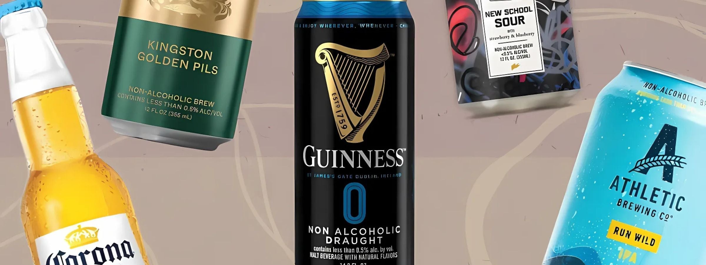 Assorted alcohol-free beer bottles and cans with beer glass and no-alcohol label on a clean, light background