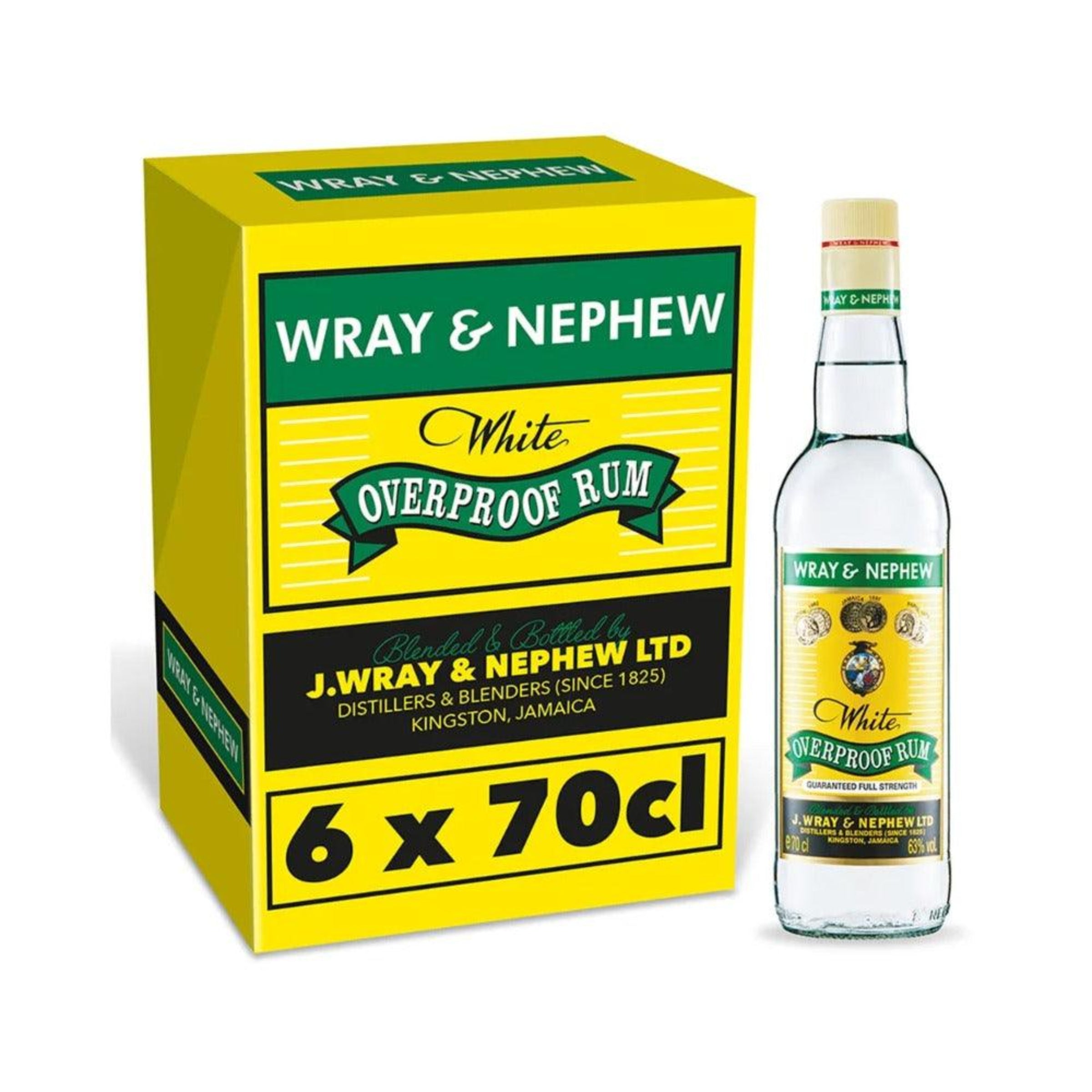 A case of Wray & Nephew Overproof White Rum with one bottle displayed in front of the case. The packaging is predominantly yellow and green with text indicating the brand, product name, and volume.