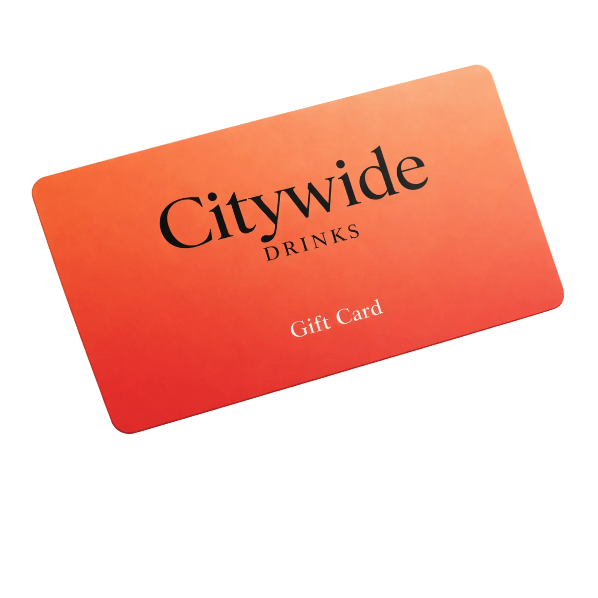 Orange gift card with 'Citywide Drinks' branding on a white background