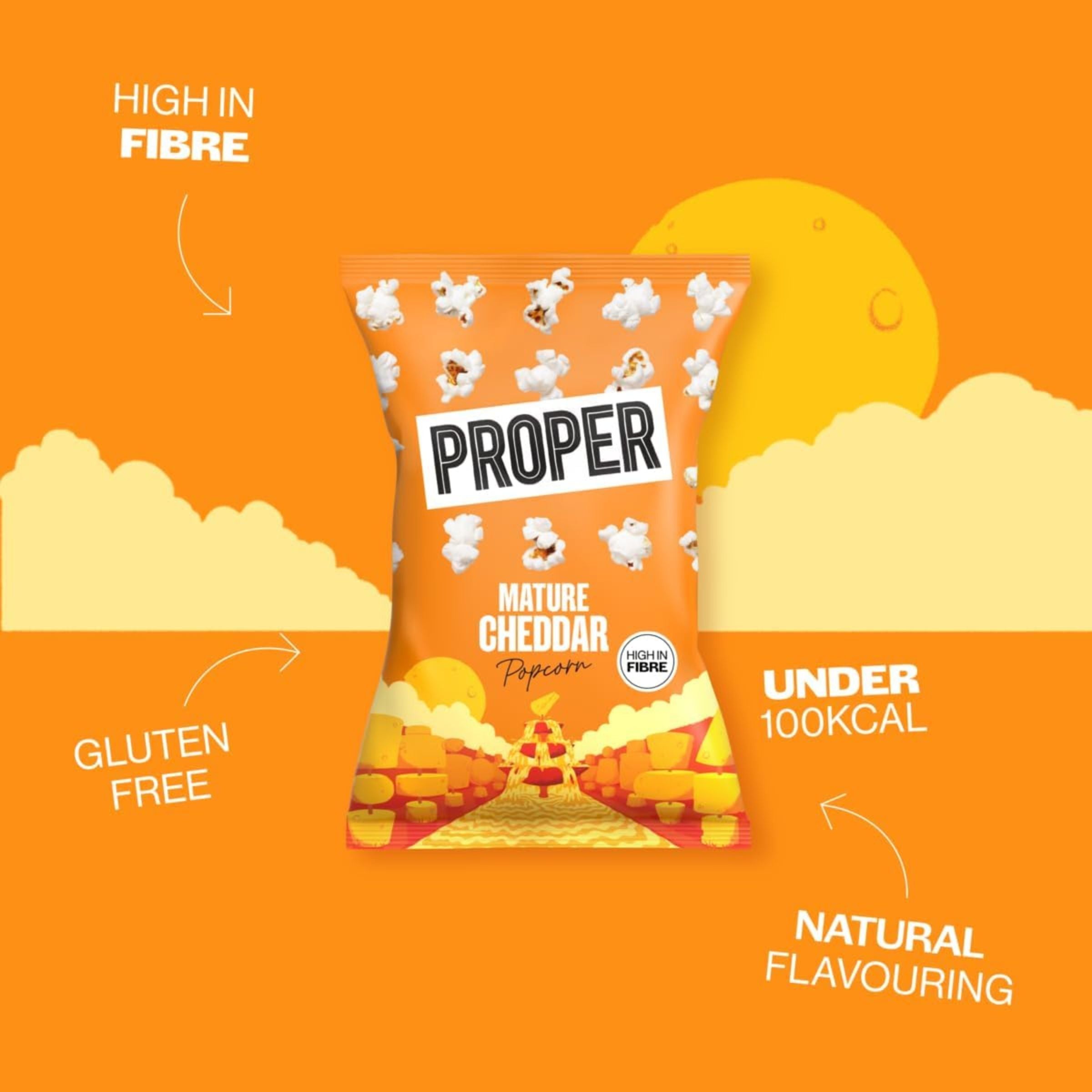 Packaging of Proper Nature Cheddar Popcorn on an orange background with nutritional information text.