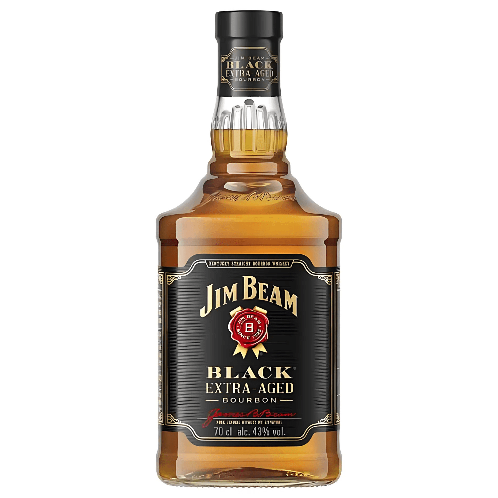A bottle of Jim Beam Black Extra Aged Bourbon with a clear label and cap, displaying the amber-colored bourbon inside.