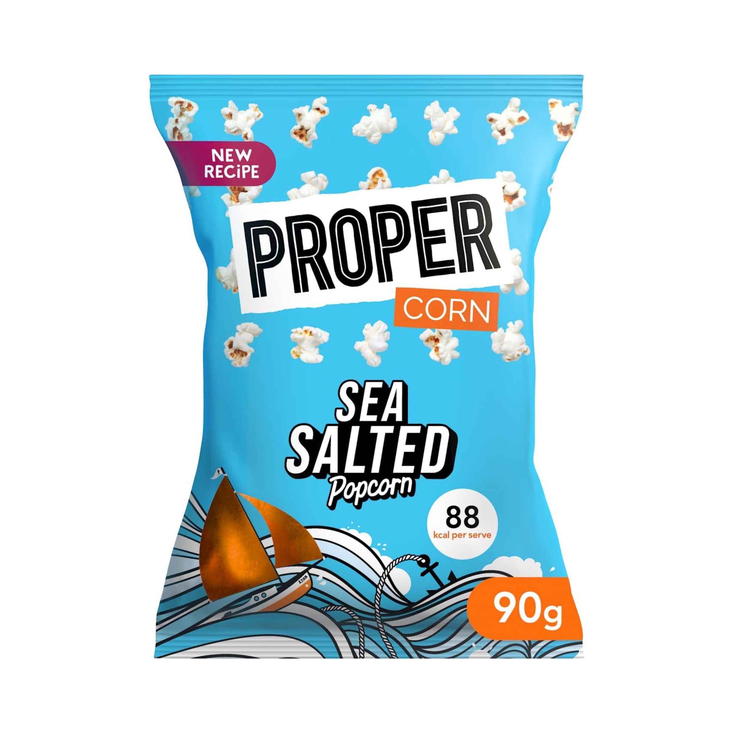 Packaging of Proper Corn Sea Salted Popcorn on a white background