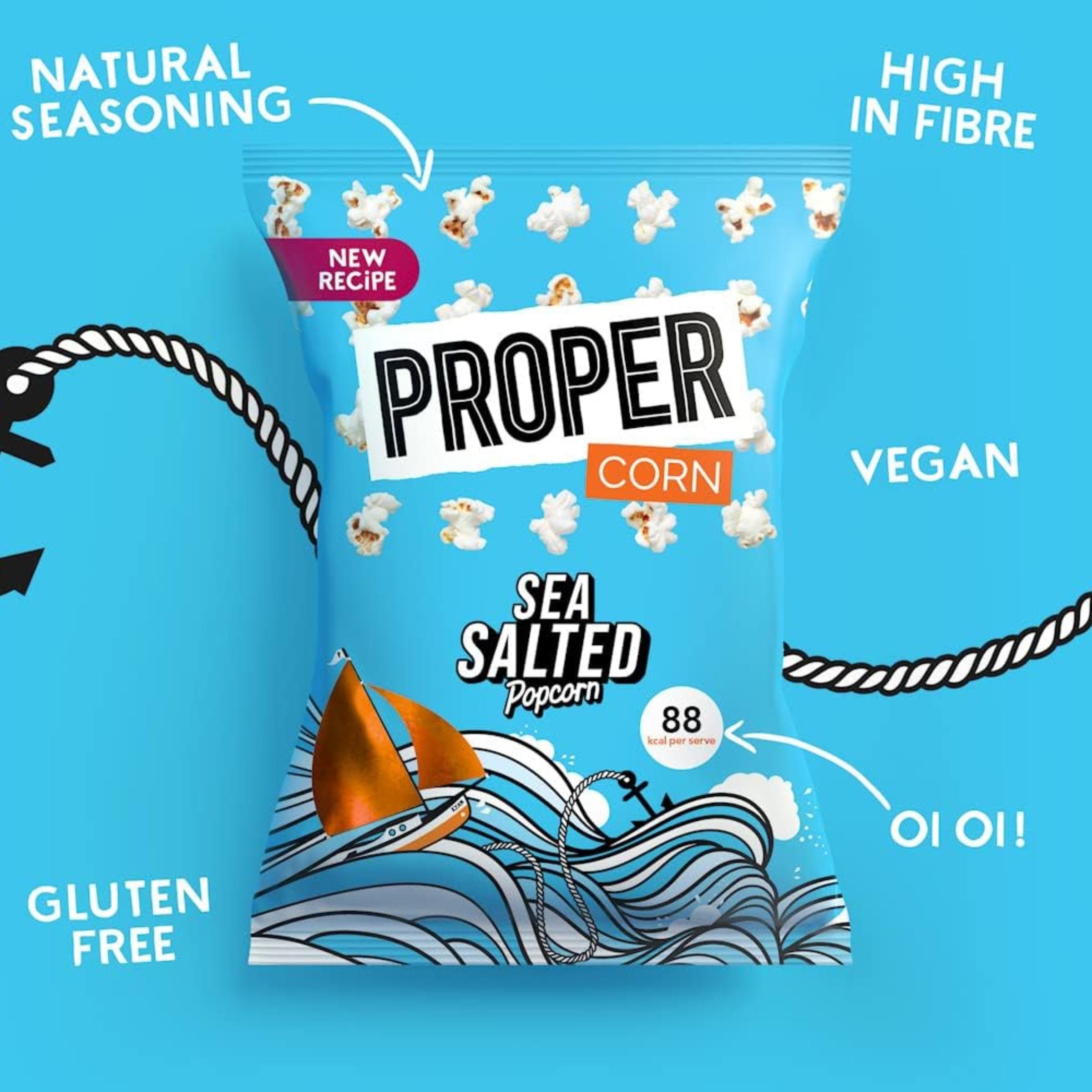 Packaging of sea salted popcorn with branding and product features on a blue background