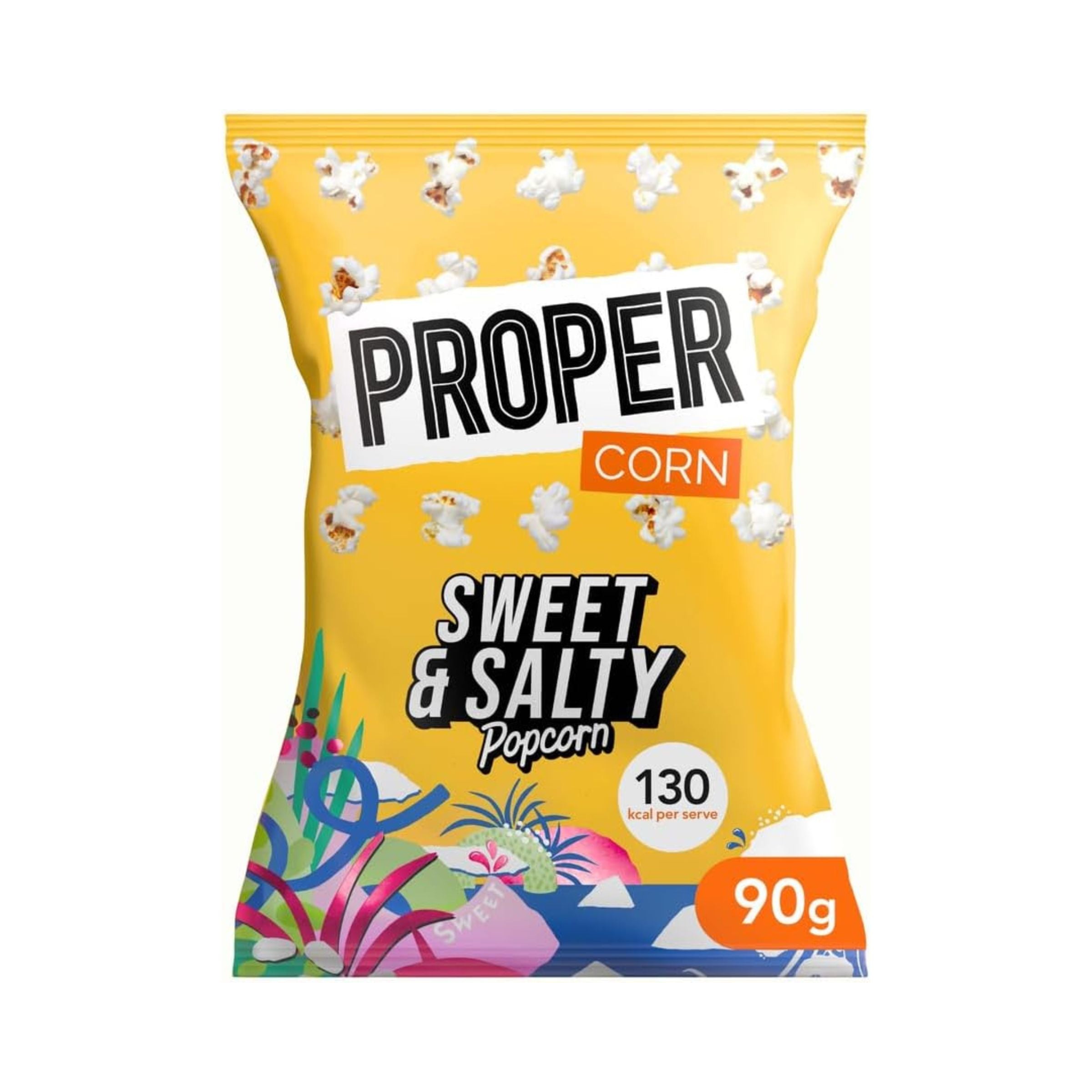 Yellow package of Proper Corn Sweet & Salty Popcorn on a white background