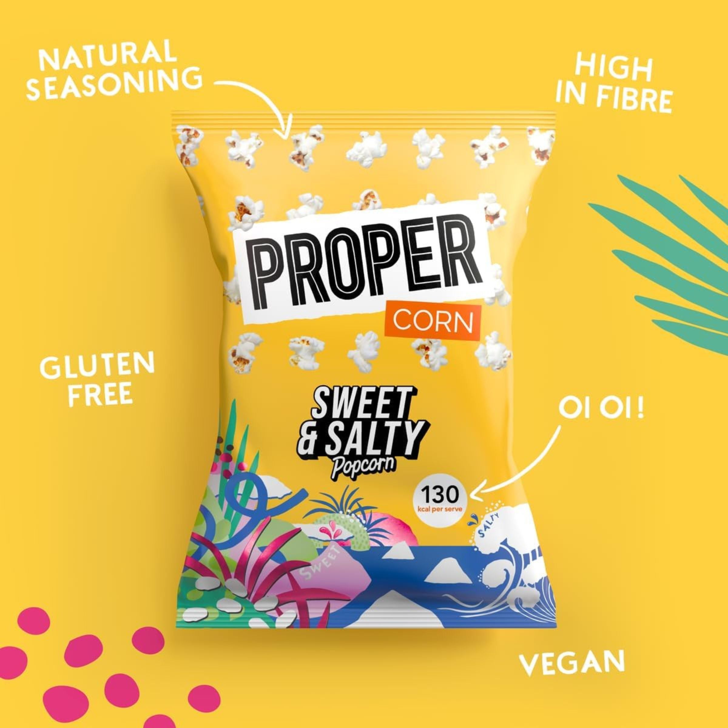 Packaged popcorn with 'Proper Corn' branding on a yellow background